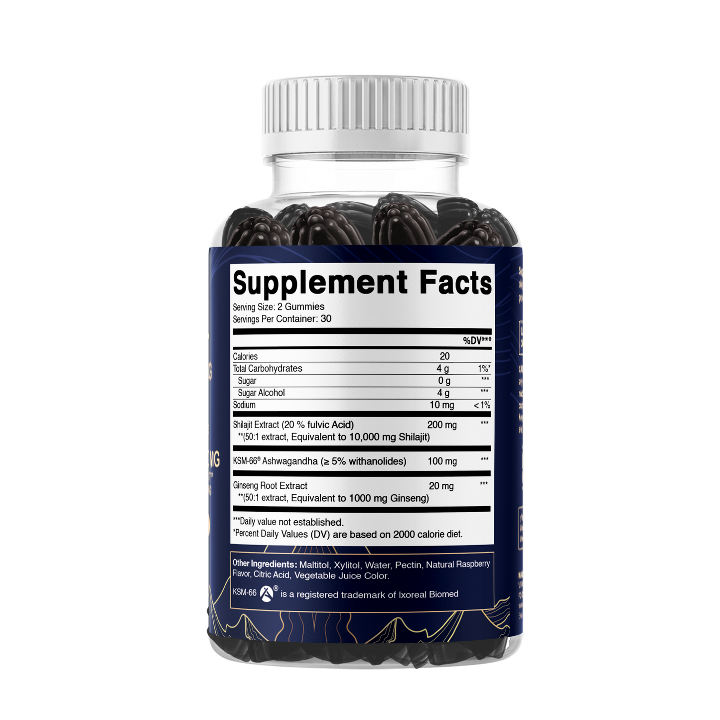Shilajit with KSM-66® Ashwagandha & Ginseng 10,000 mg Equivalent Per Serving – Natural Raspberry Flavor – 60 Vegan Gummies