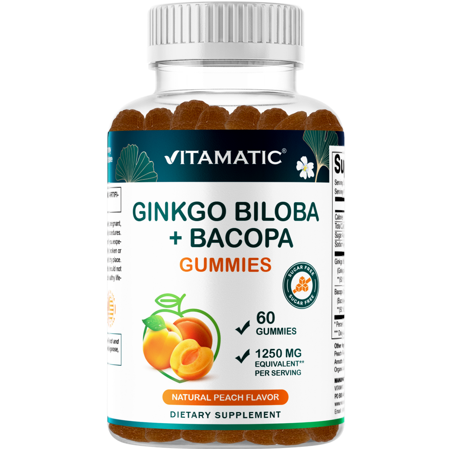 Ginkgo Biloba + Bacopa Gummies – 1250 mg Equivalent | Natural Peach Flavor | 60 Vegan Gummies