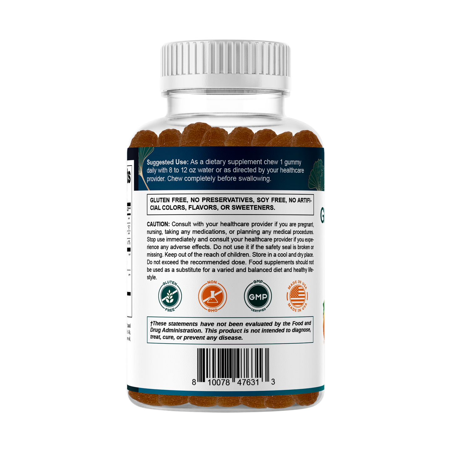 Vitamatic Ginkgo Biloba & Bacopa Gummies – Plant-Based Botanical Extract – Natural Peach Flavor – Vegan, Non-GMO, Gluten-Free – Herbal Supplement – 60 Count