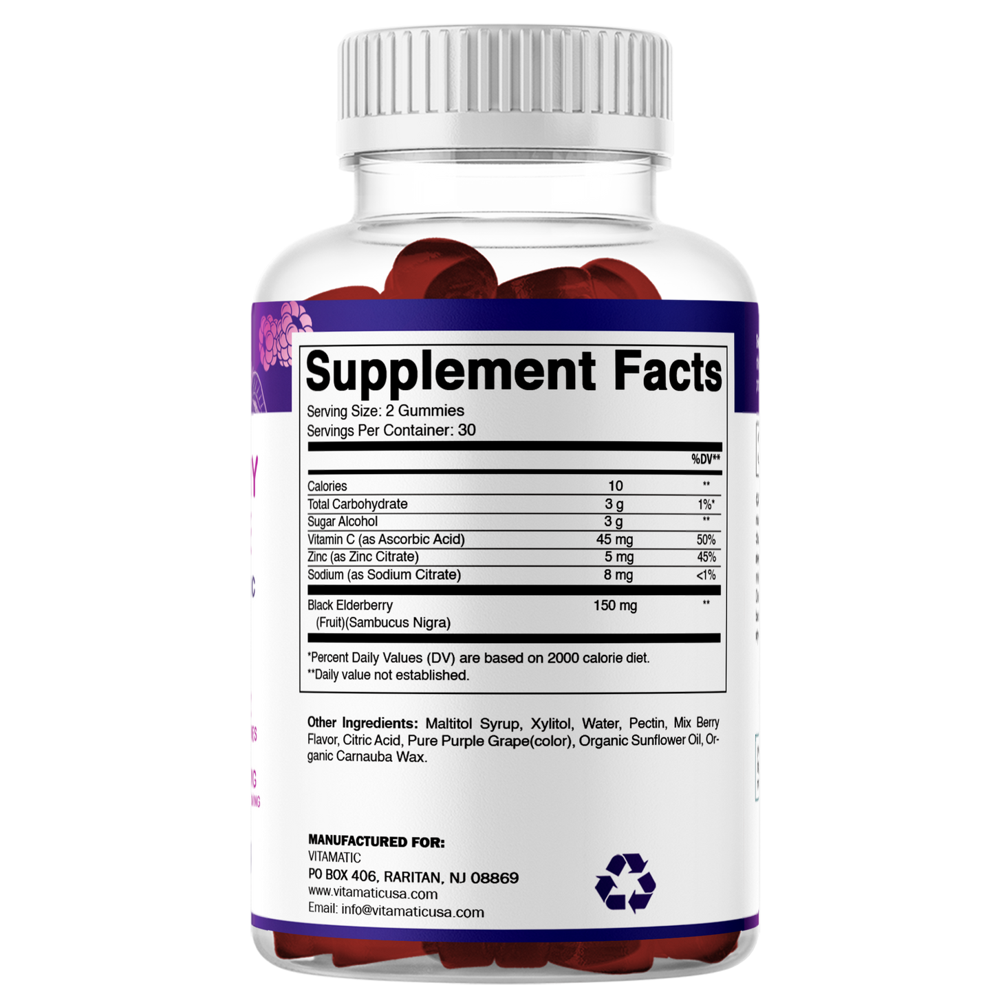 Vitamatic Elderberry Gummies with Vitamin C & Zinc – Mixed Berry Flavor– 60 Gummies