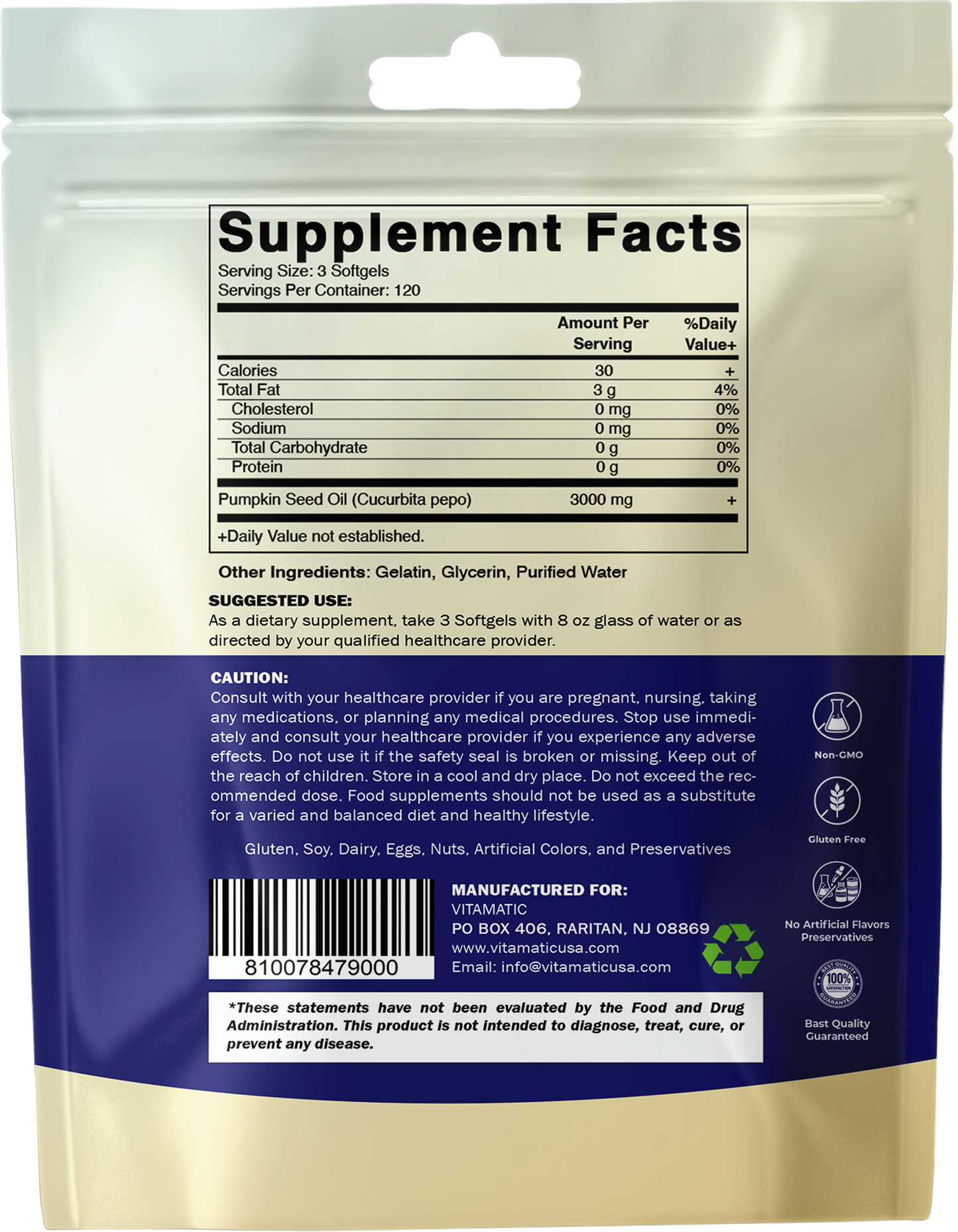 Vitamatic Pumpkin Seed Oil 3000 mg per Serving, 360 Softgels – Cold Pressed Supplement, Non-GMO, Gluten Free