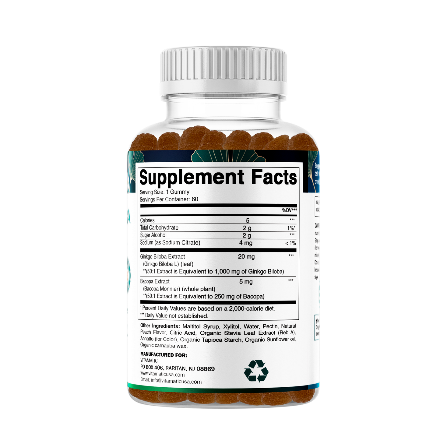 Ginkgo Biloba + Bacopa Gummies – 1250 mg Equivalent | Natural Peach Flavor | 60 Vegan Gummies