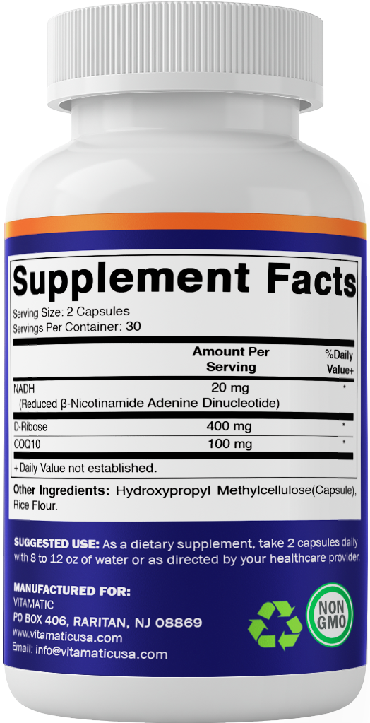 Vitamatic NADH 20mg with D-Ribose & CoQ10 – 60 Capsules, B-Nicotinamide Adenine Dinucleotide
