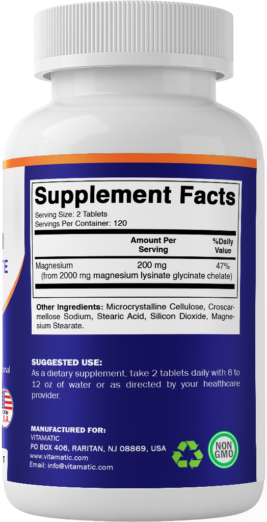 Vitamatic Magnesium as Glycinate Lysinate – 240 Tablets – 100% Chelated Magnesium