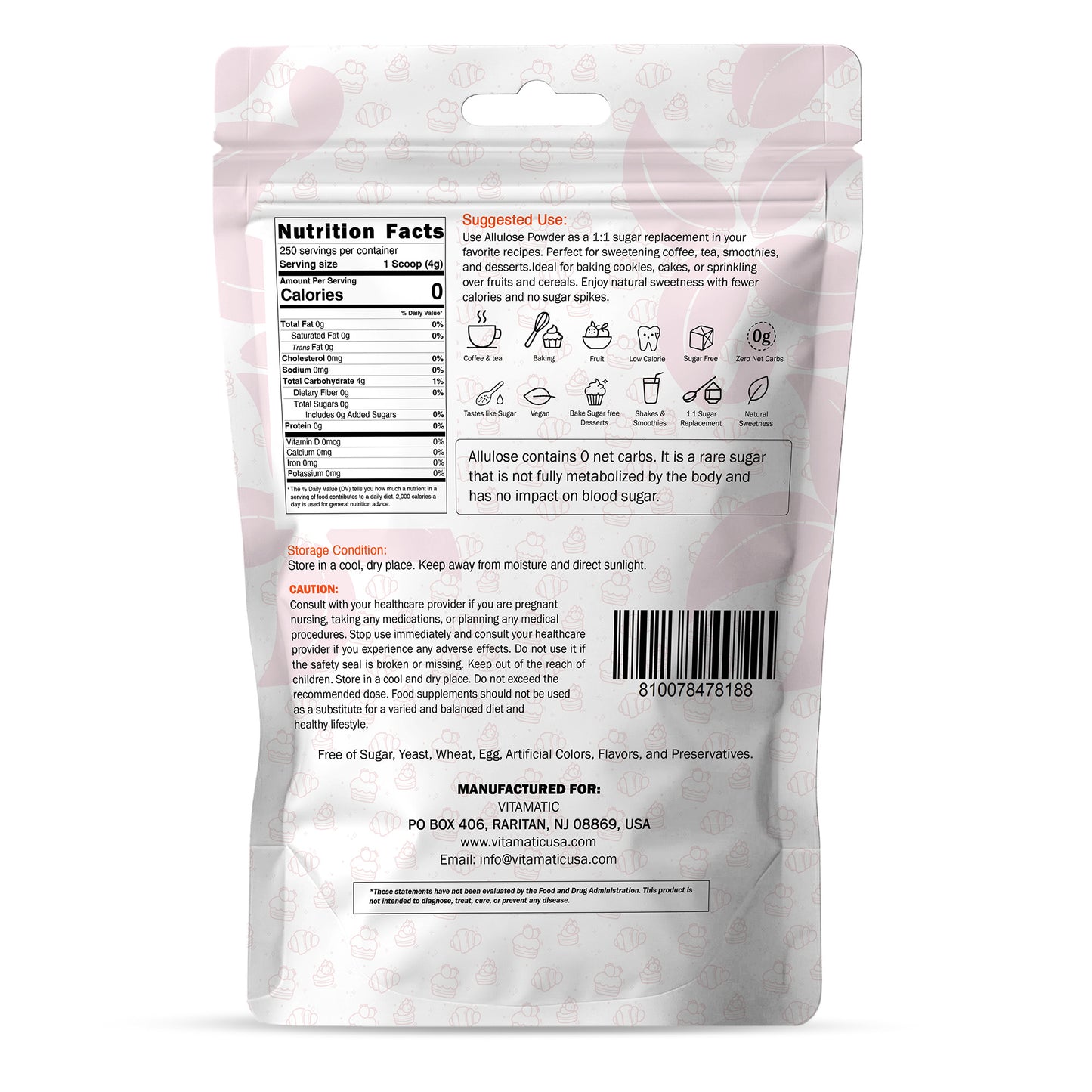 Allulose Powder 1 kg (2.2 lb) – Zero Calorie Sugar Substitute Sweetener – 1:1 Sugar Replacement