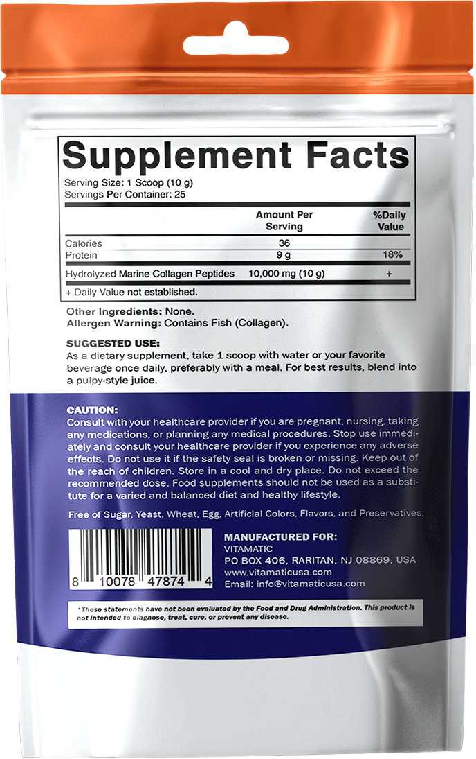 Hydrolyzed Marine Collagen Powder 250g (8.8 oz) – Wild-Caught Fish Collagen Peptides – Type I Collagen – Unflavored Protein Powder – 10g per Serving