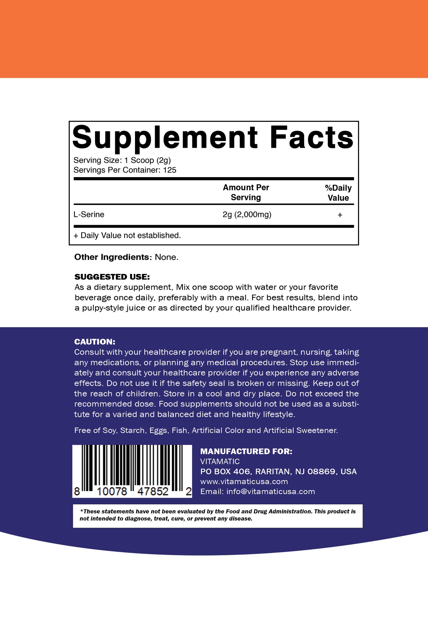 Vitamatic L-Serine Pure Powder 250 Gram | 2000 mg per Serving | 125 Servings