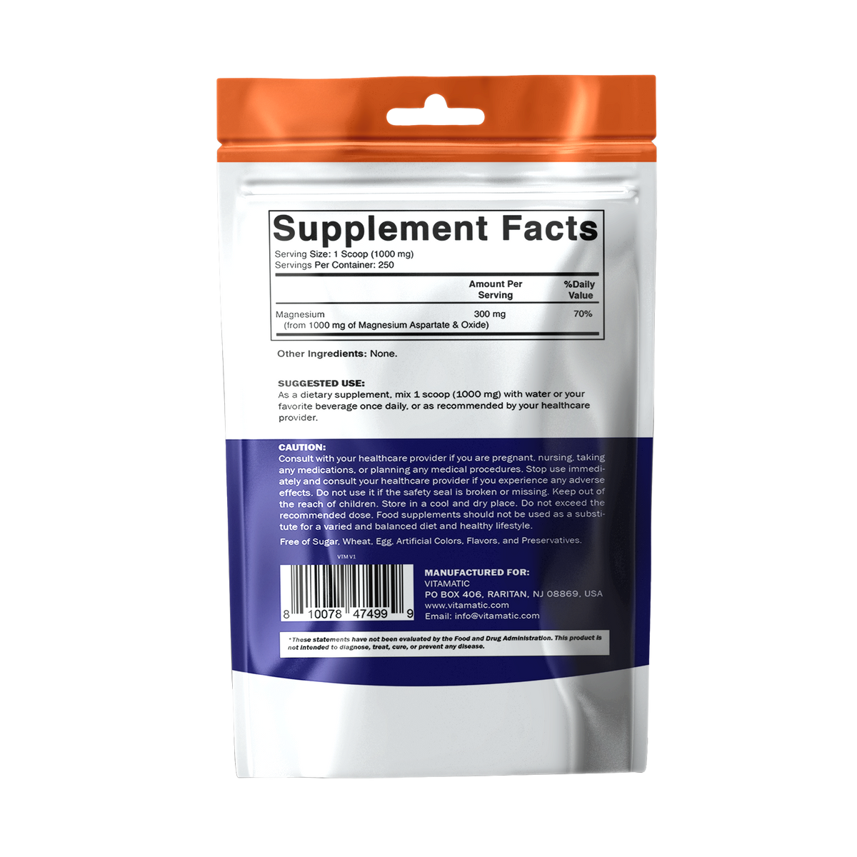 Magnesium Aspartate Powder 1000 mg Per Serving, 250g Pouch