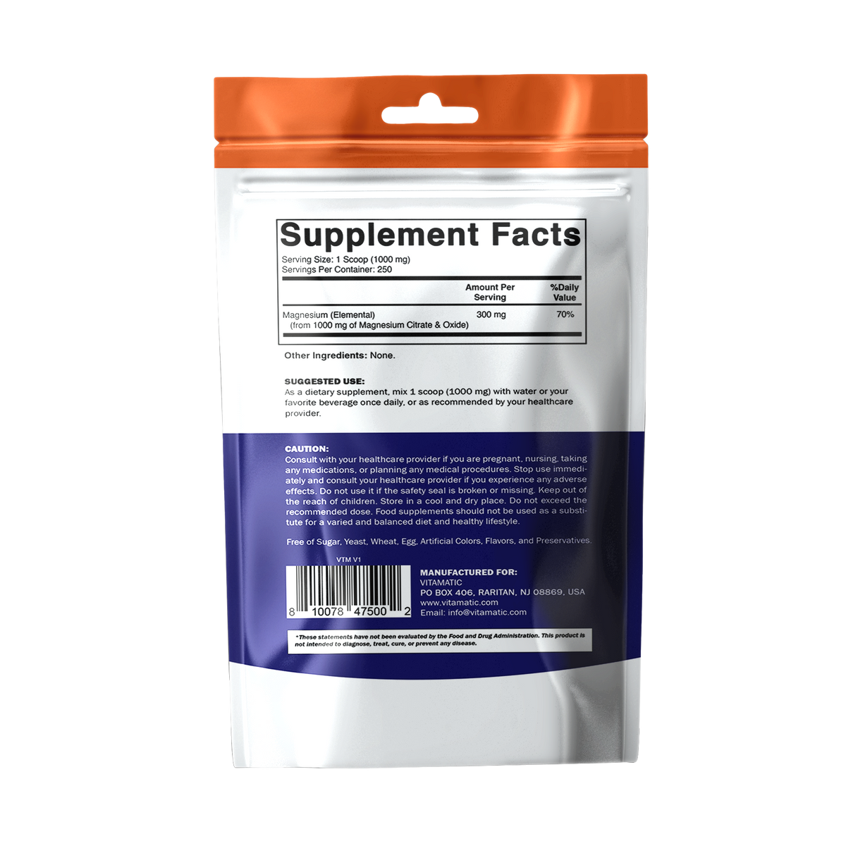 Magnesium Citrate Powder 1000mg, 250g Pouch