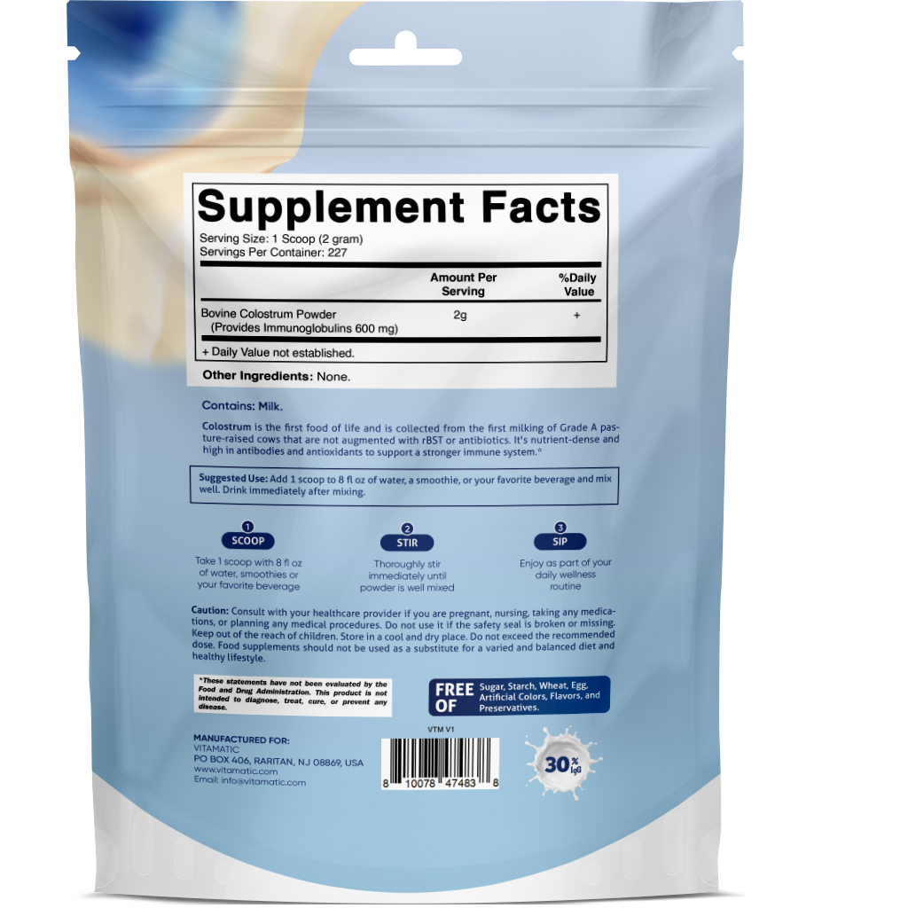 Bovine Colostrum 30% IgG Powder, 16 oz Pouch