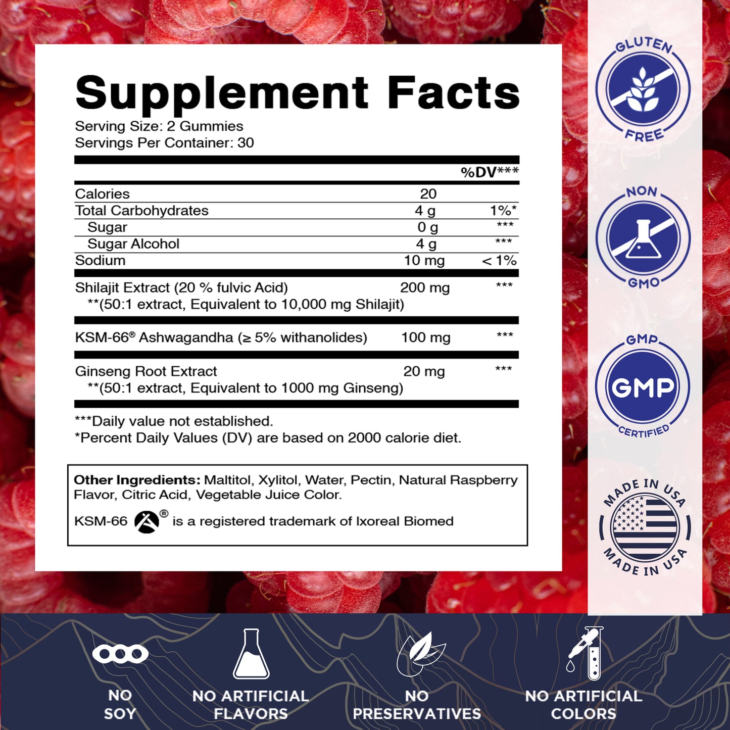 Shilajit with KSM-66® Ashwagandha & Ginseng 10,000 mg Equivalent Per Serving – Natural Raspberry Flavor – 60 Vegan Gummies