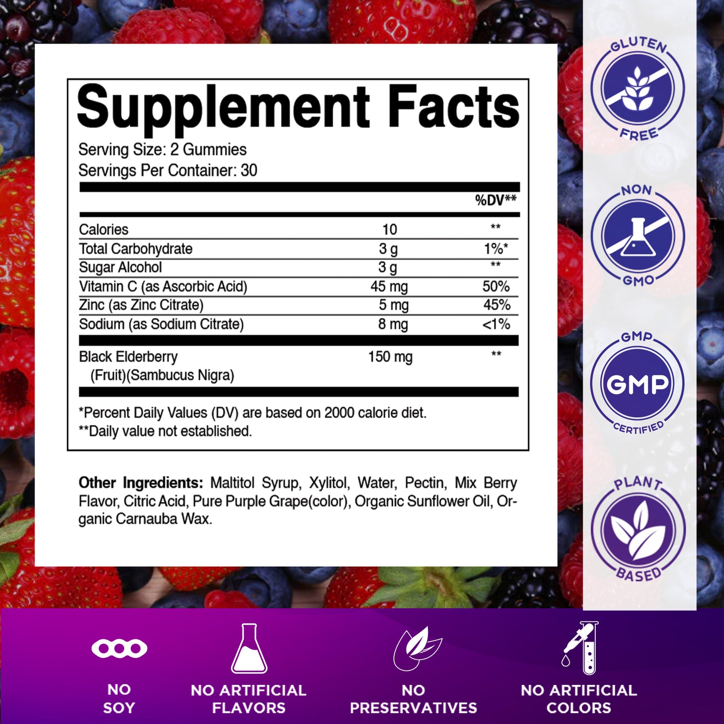 Vitamatic Elderberry Gummies with Vitamin C & Zinc – Mixed Berry Flavor– 60 Gummies