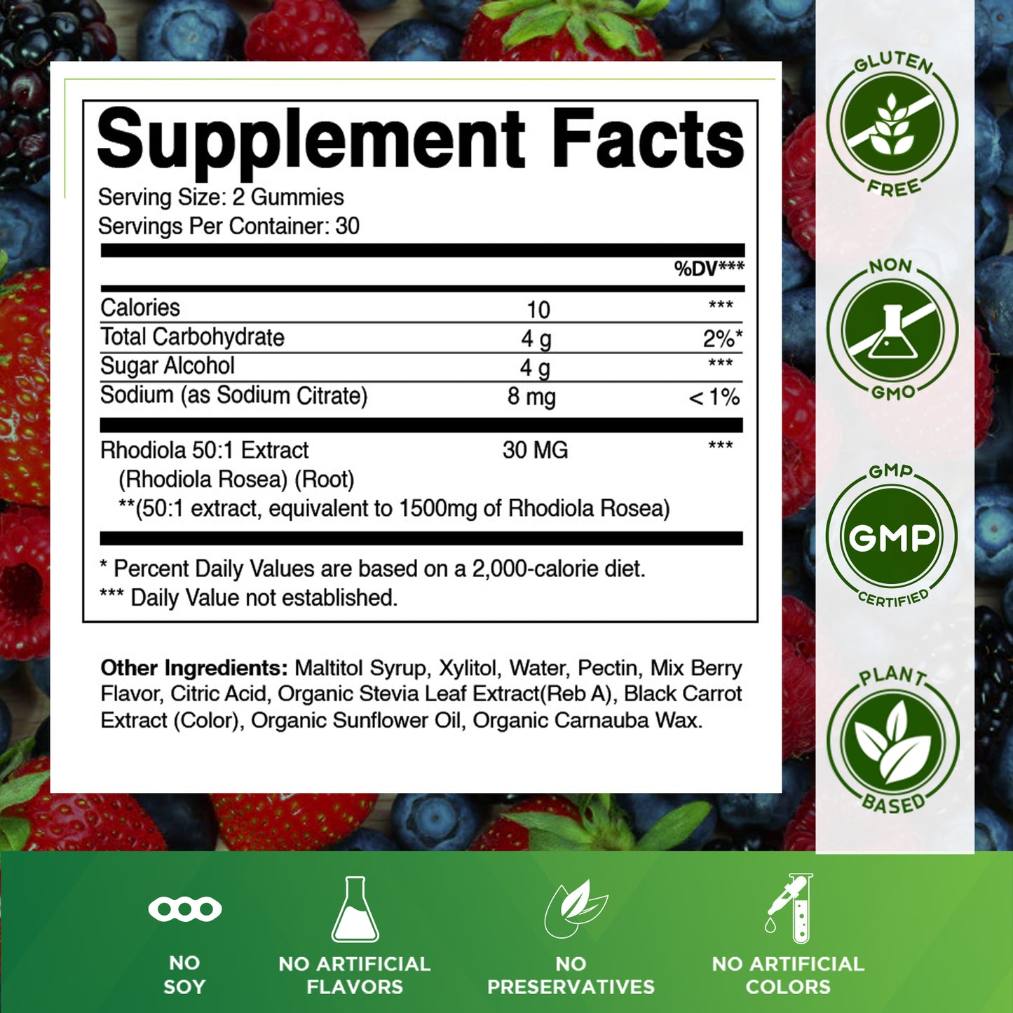 Sugar Free Rhodiola Rosea Gummies 1500 mg Equivalent Per Serving – 60 Gummies – Mixed Berry Flavor