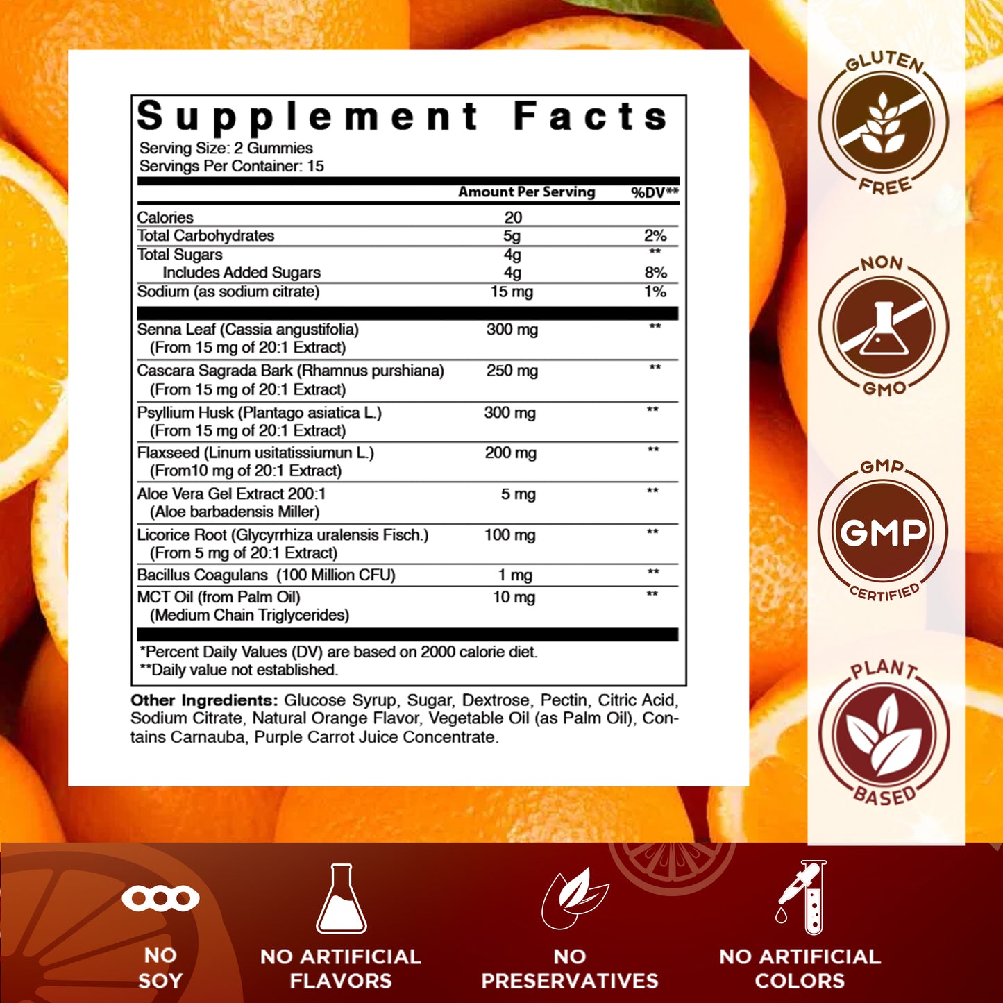 15 Day Cleanse Gummies, Senna, Cascara, Psyllium, Flaxseed, Aloe Vera, Licorice, MCT, Probiotic - 30 Gummies