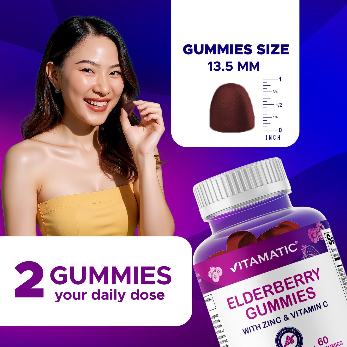 Vitamatic Elderberry Gummies with Vitamin C & Zinc – Mixed Berry Flavor– 60 Gummies