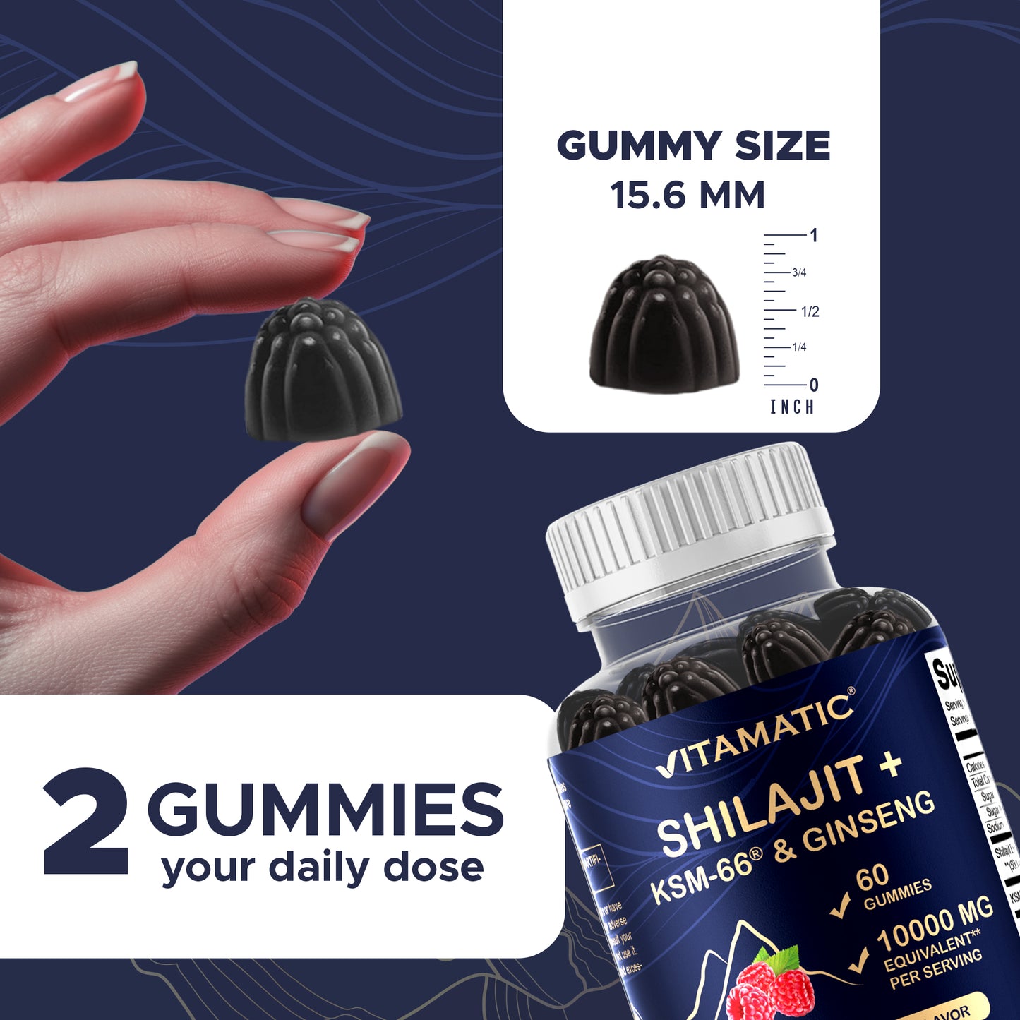 Shilajit with KSM-66® Ashwagandha & Ginseng 10,000 mg Equivalent Per Serving – Natural Raspberry Flavor – 60 Vegan Gummies