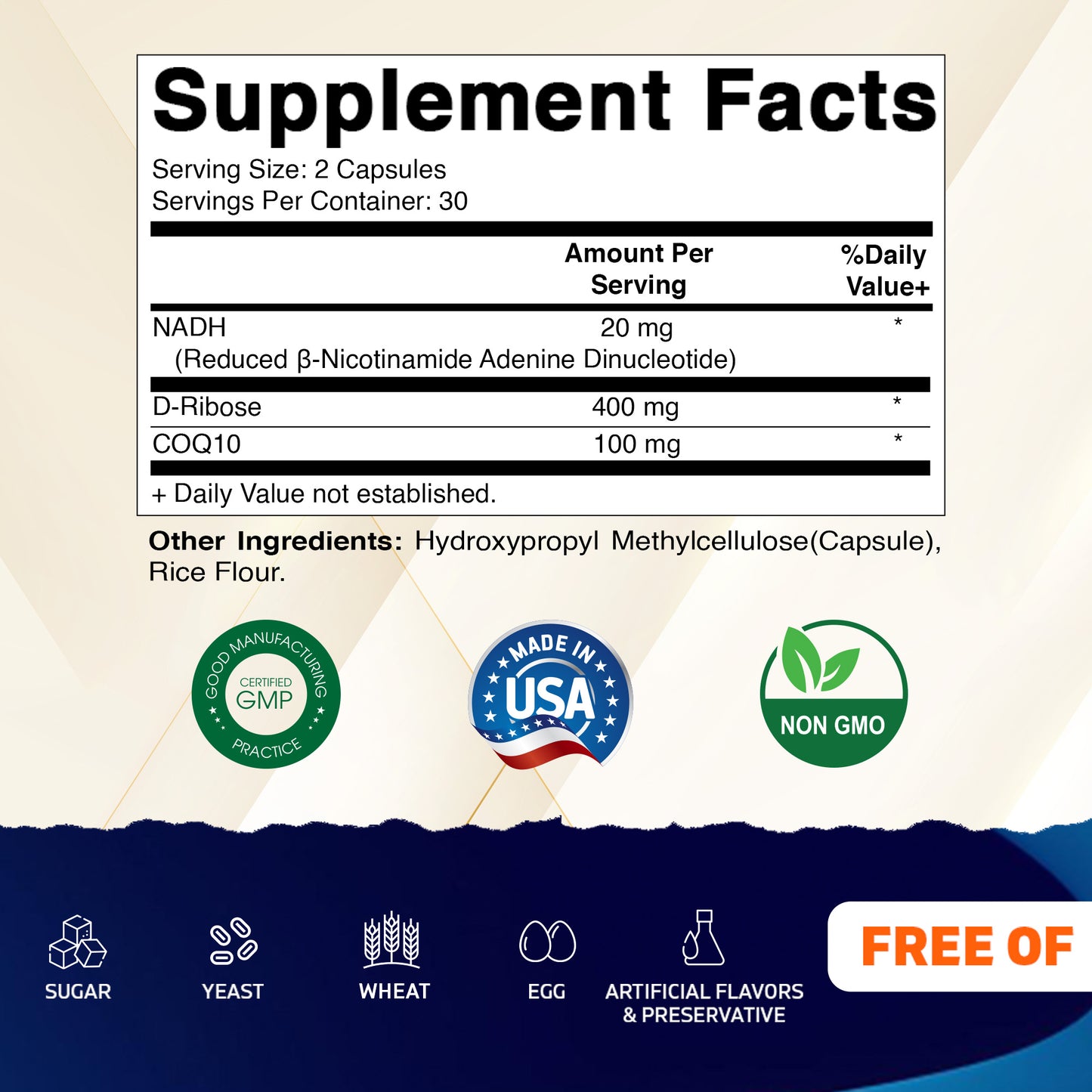 Vitamatic NADH 20mg with D-Ribose & CoQ10 – 60 Capsules, B-Nicotinamide Adenine Dinucleotide