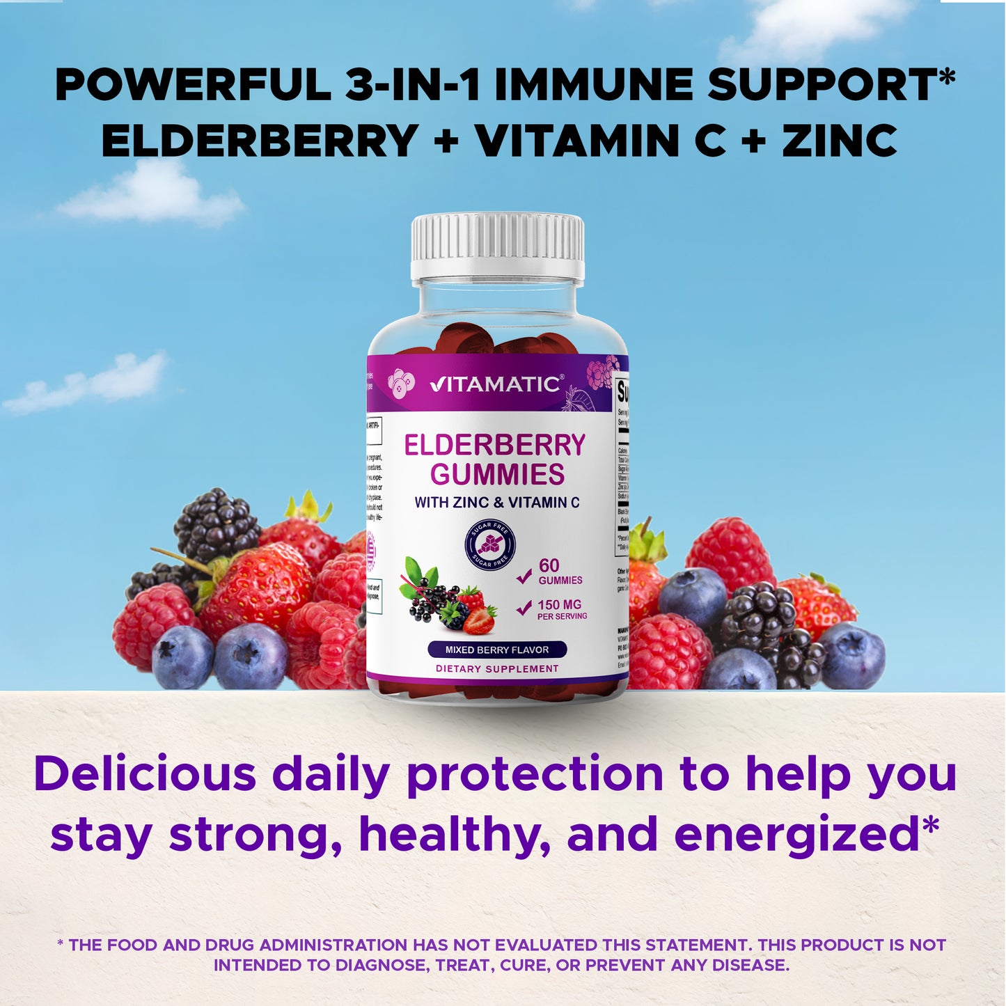 Vitamatic Elderberry Gummies with Vitamin C & Zinc – Mixed Berry Flavor– 60 Gummies