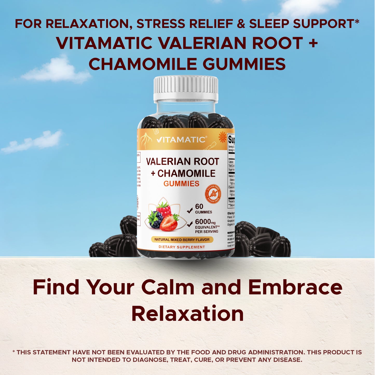 Vitamatic Valerian Root Chamomile 6000 mg Equivalent Per Serving – Mixed Berry Flavor – 60 Gummies