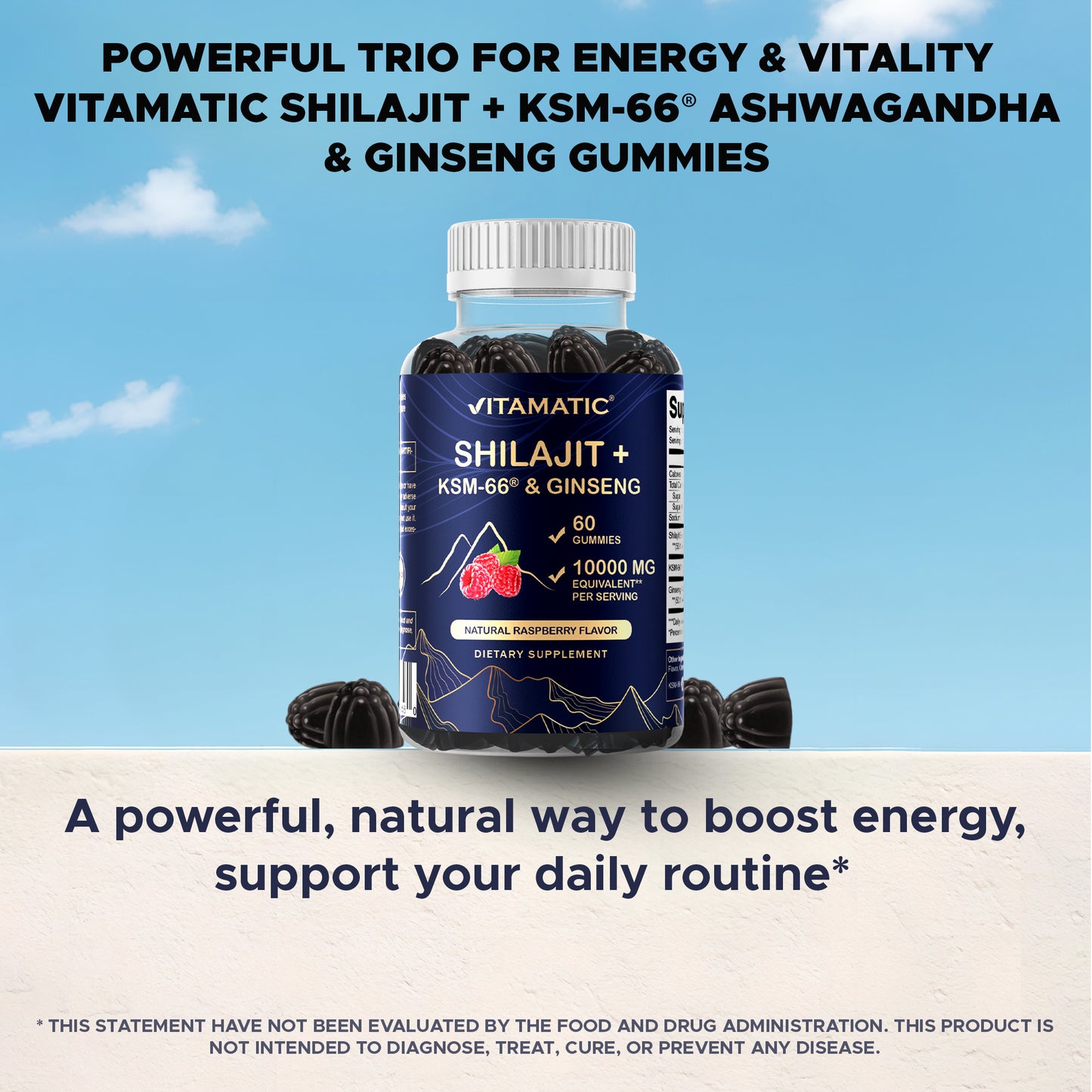 Shilajit with KSM-66® Ashwagandha & Ginseng 10,000 mg Equivalent Per Serving – Natural Raspberry Flavor – 60 Vegan Gummies