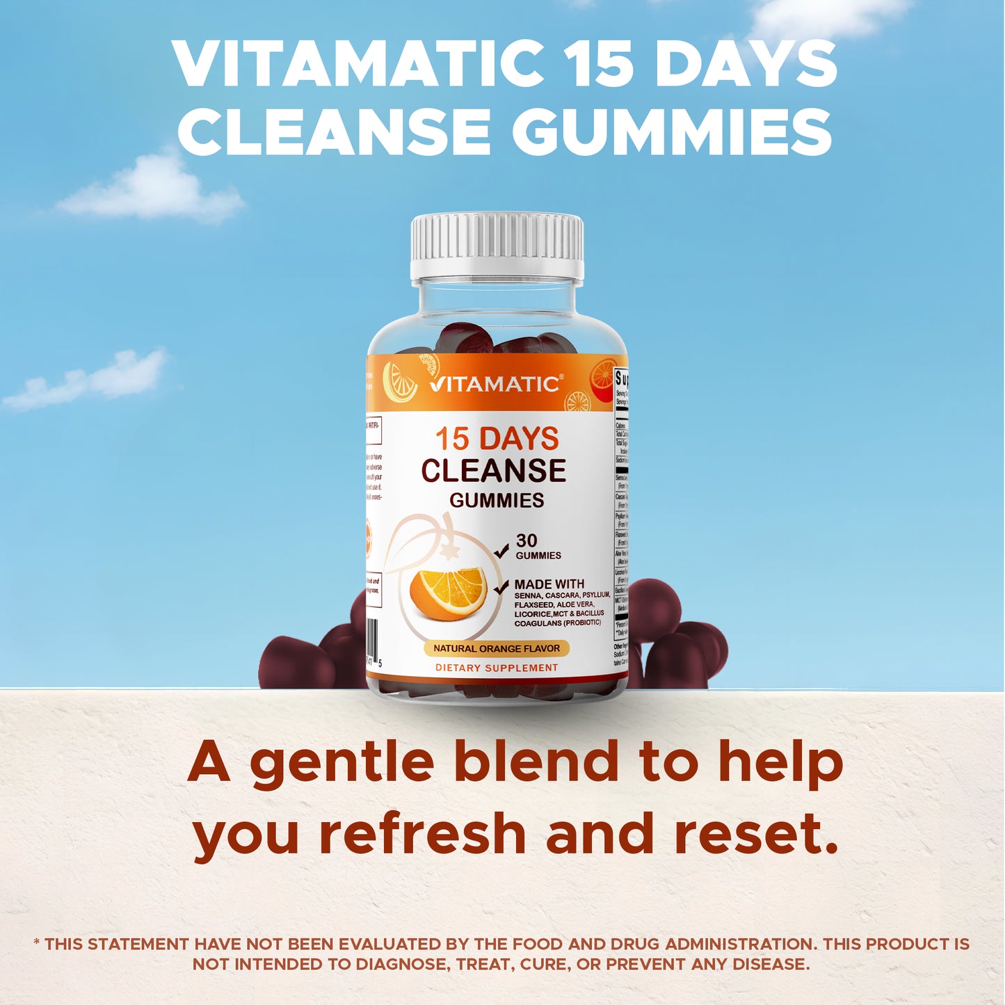 15 Day Cleanse Gummies, Senna, Cascara, Psyllium, Flaxseed, Aloe Vera, Licorice, MCT, Probiotic - 30 Gummies