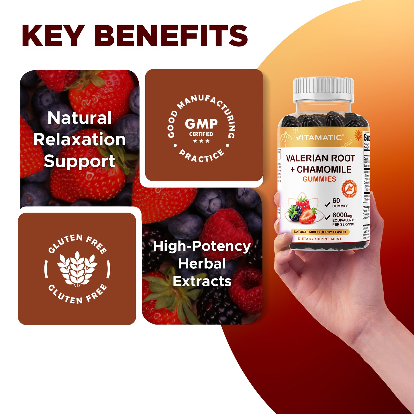 Vitamatic Valerian Root Chamomile 6000 mg Equivalent Per Serving – Mixed Berry Flavor – 60 Gummies