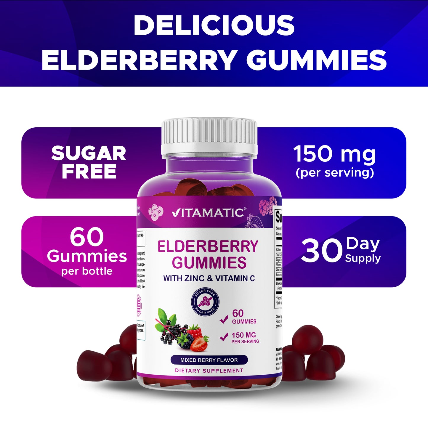 Vitamatic Elderberry Gummies with Vitamin C & Zinc – Mixed Berry Flavor– 60 Gummies