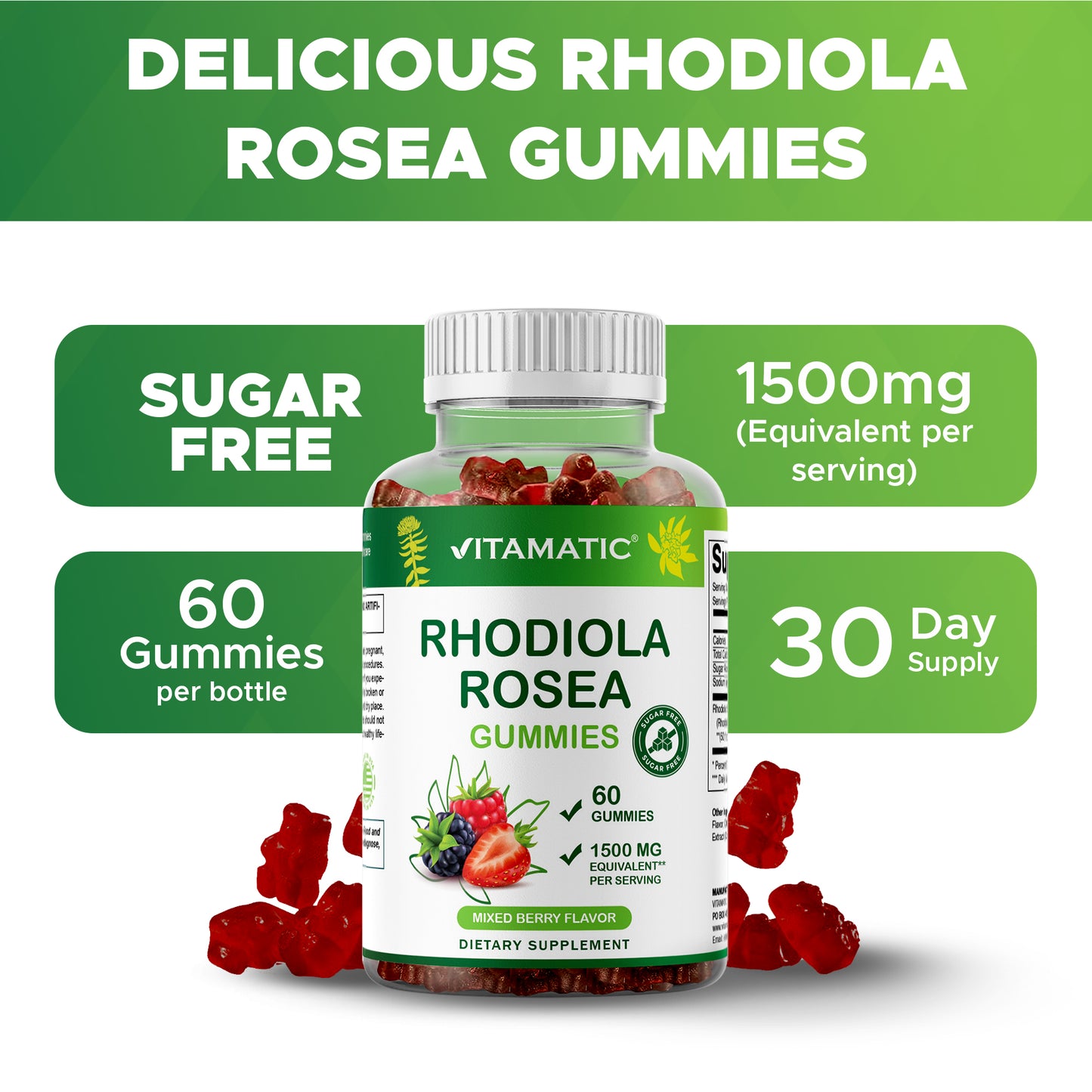 Sugar Free Rhodiola Rosea Gummies 1500 mg Equivalent Per Serving – 60 Gummies – Mixed Berry Flavor