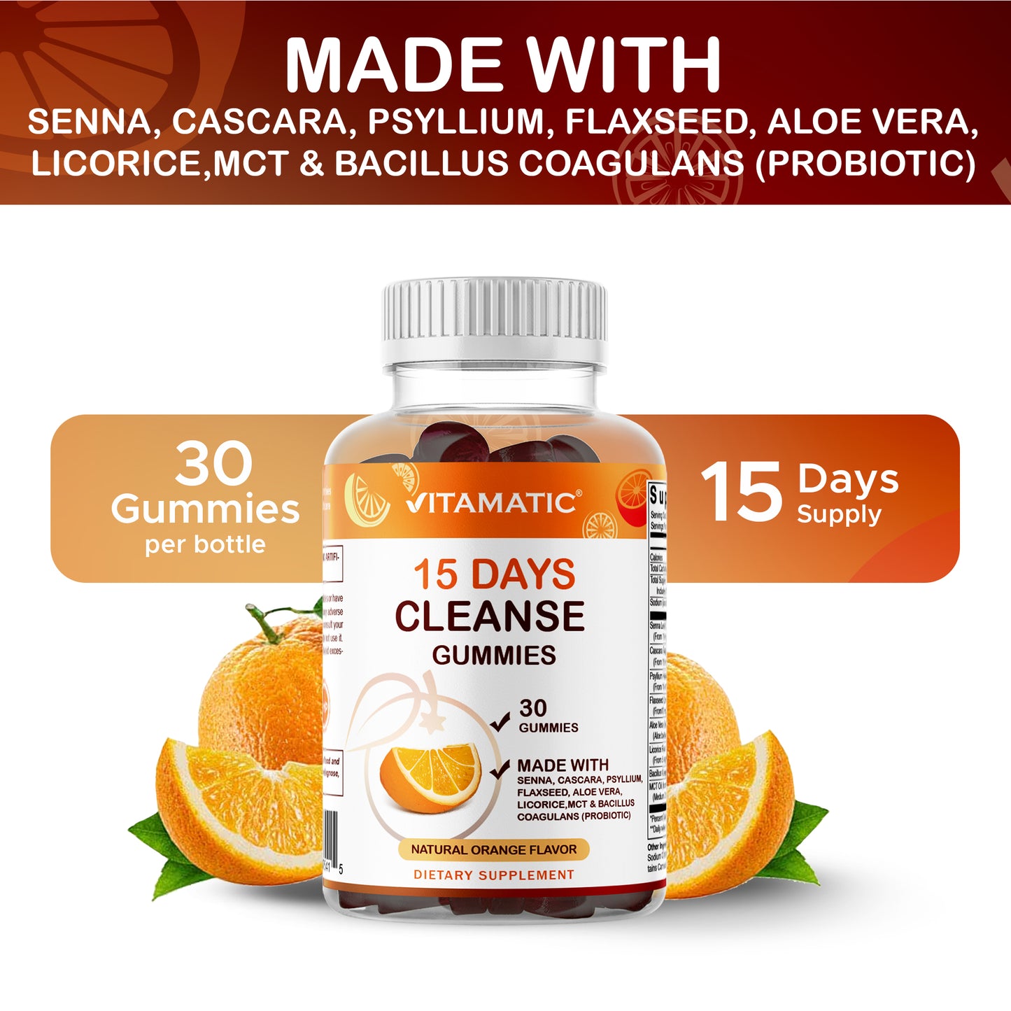 15 Day Cleanse Gummies, Senna, Cascara, Psyllium, Flaxseed, Aloe Vera, Licorice, MCT, Probiotic - 30 Gummies