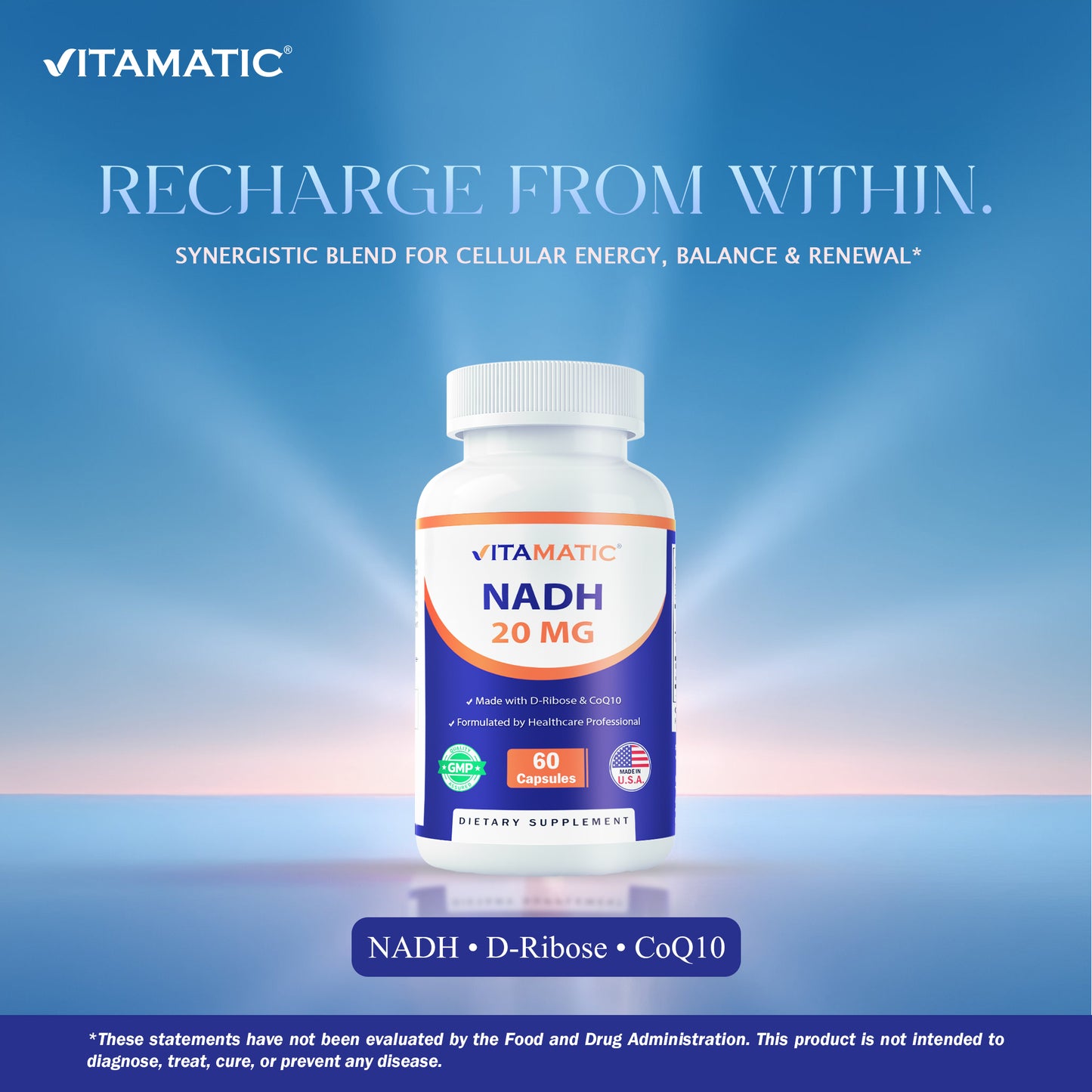 Vitamatic NADH 20mg with D-Ribose & CoQ10 – 60 Capsules, B-Nicotinamide Adenine Dinucleotide