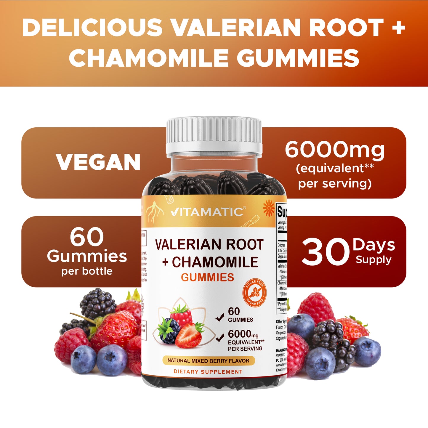 Vitamatic Valerian Root Chamomile 6000 mg Equivalent Per Serving – Mixed Berry Flavor – 60 Gummies