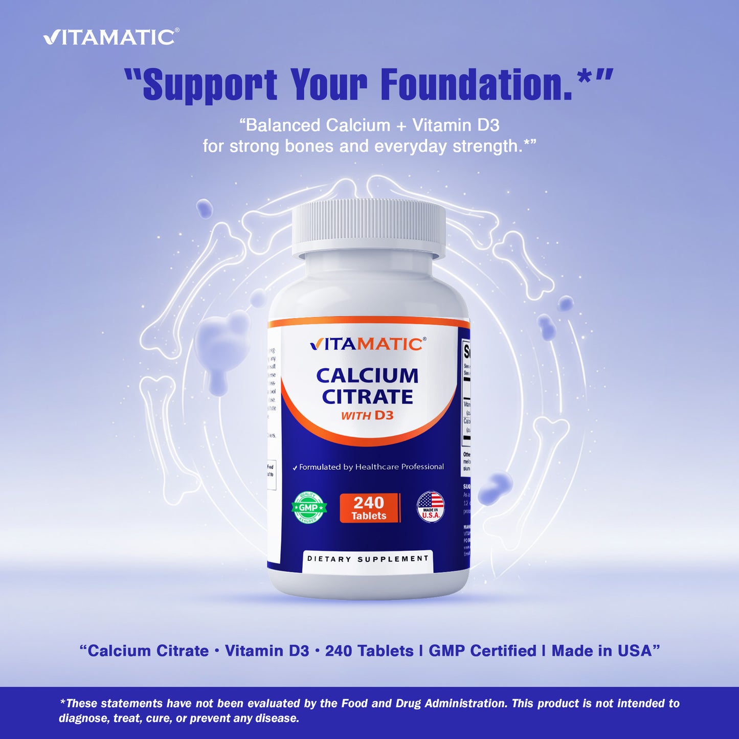 Vitamatic Calcium Citrate with Vitamin D3 – 240 Tablets – High Absorption Calcium Citrate with D3 – Non-GMO, Gluten-Free
