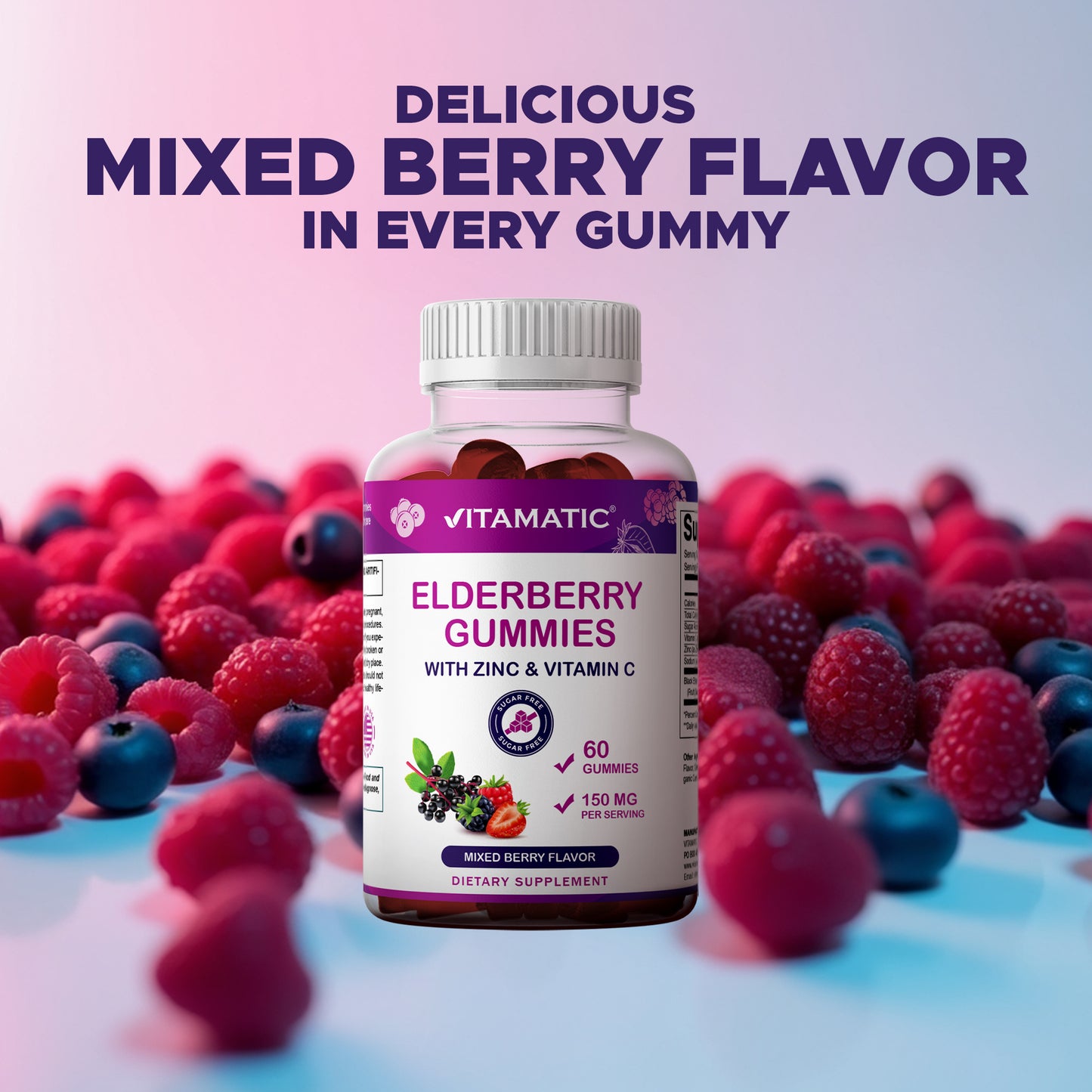 Vitamatic Elderberry Gummies with Vitamin C & Zinc – Mixed Berry Flavor– 60 Gummies