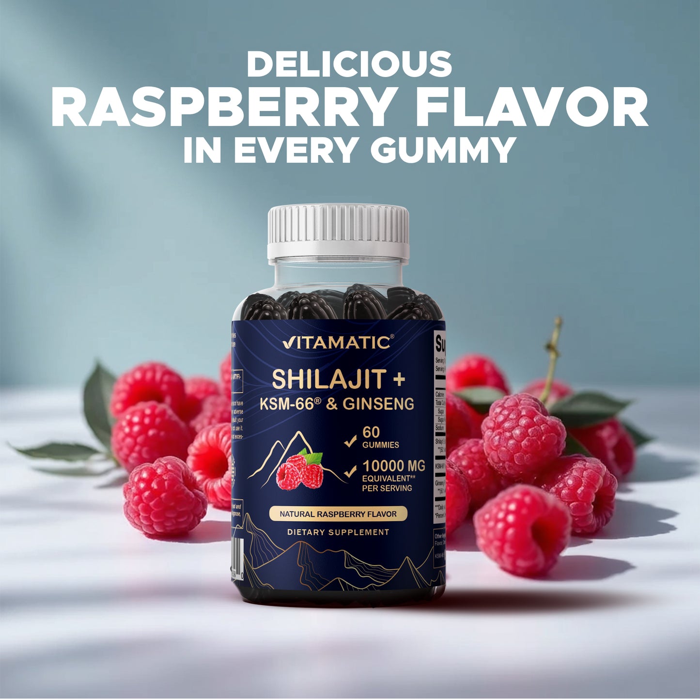 Shilajit with KSM-66® Ashwagandha & Ginseng 10,000 mg Equivalent Per Serving – Natural Raspberry Flavor – 60 Vegan Gummies