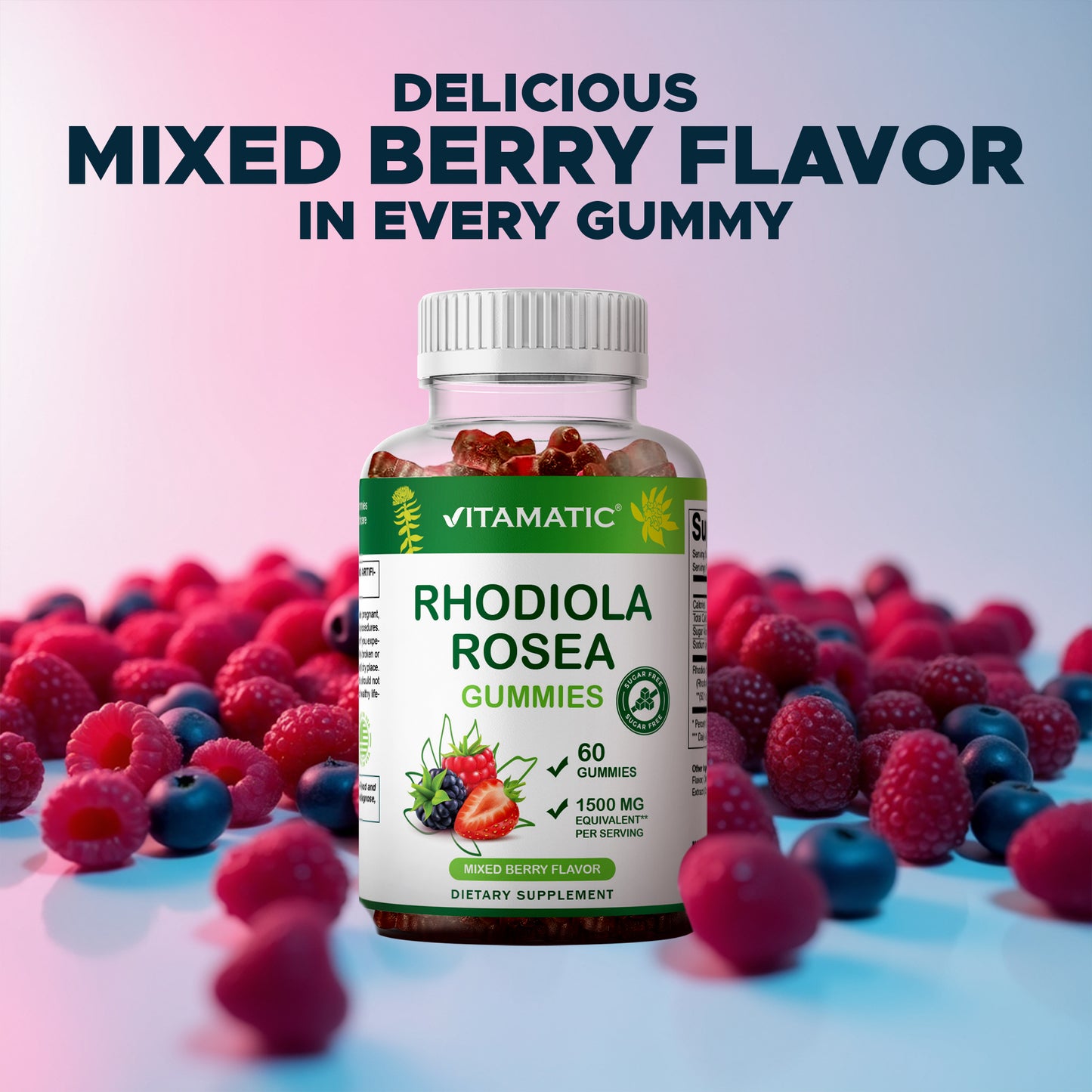 Sugar Free Rhodiola Rosea Gummies 1500 mg Equivalent Per Serving – 60 Gummies – Mixed Berry Flavor