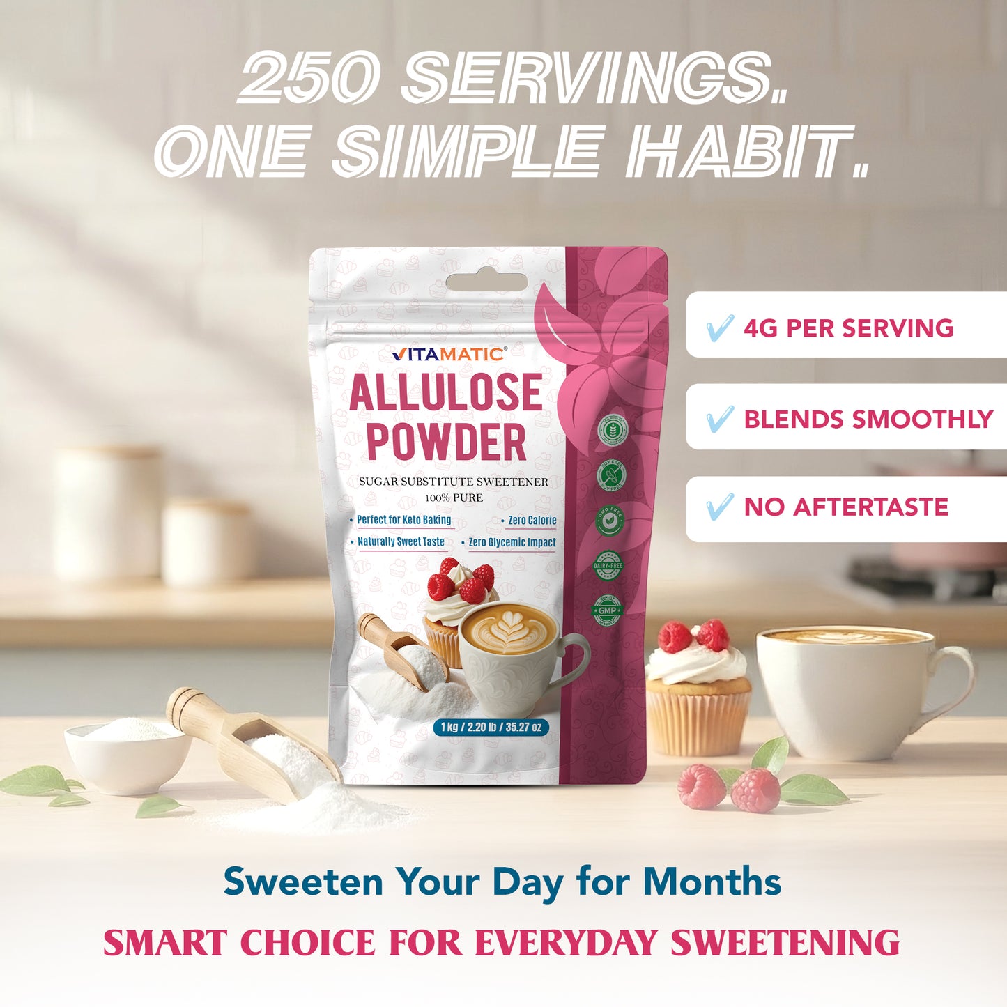 Vitamatic Allulose Powder Sugar Substitute, 1 kg (2.2 lb)