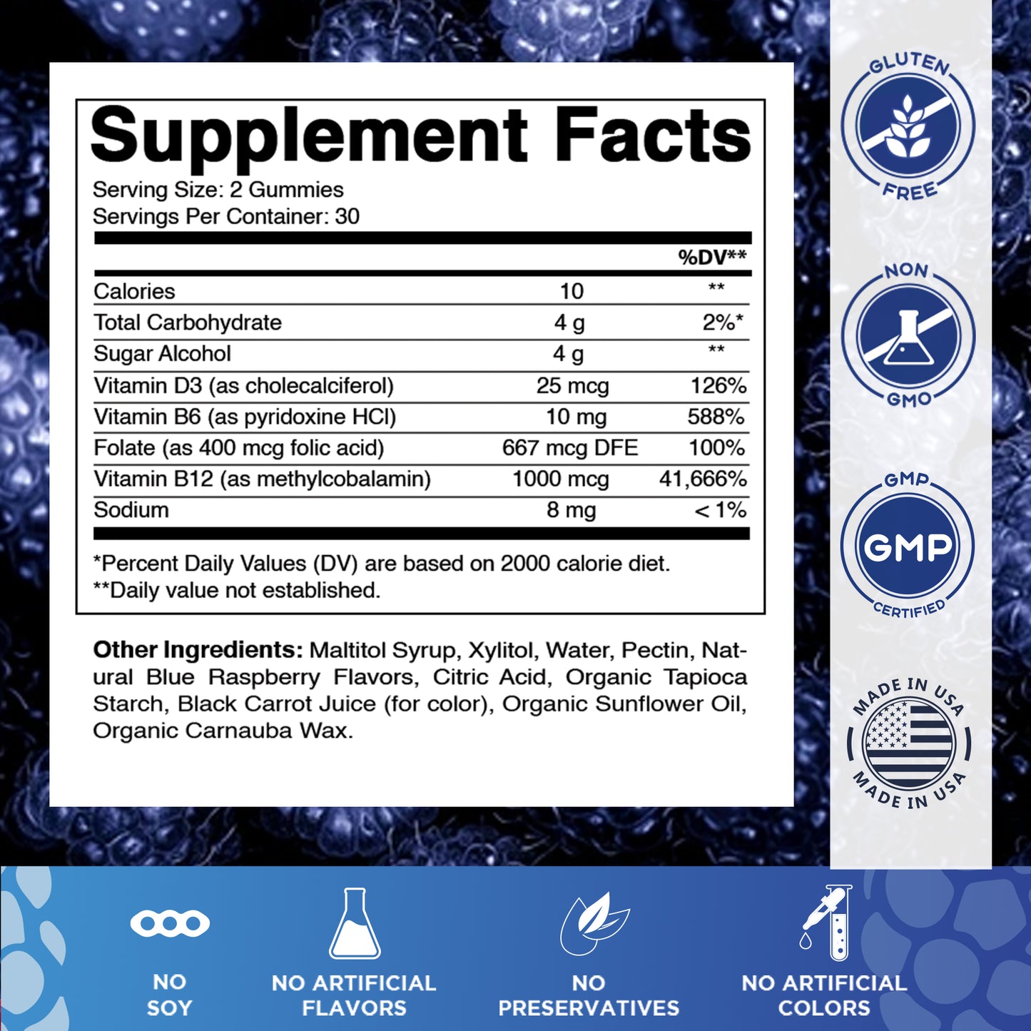 Vitamin D3 + B12 Gummies – Natural Blue Raspberry Flavor – 60 Gummies