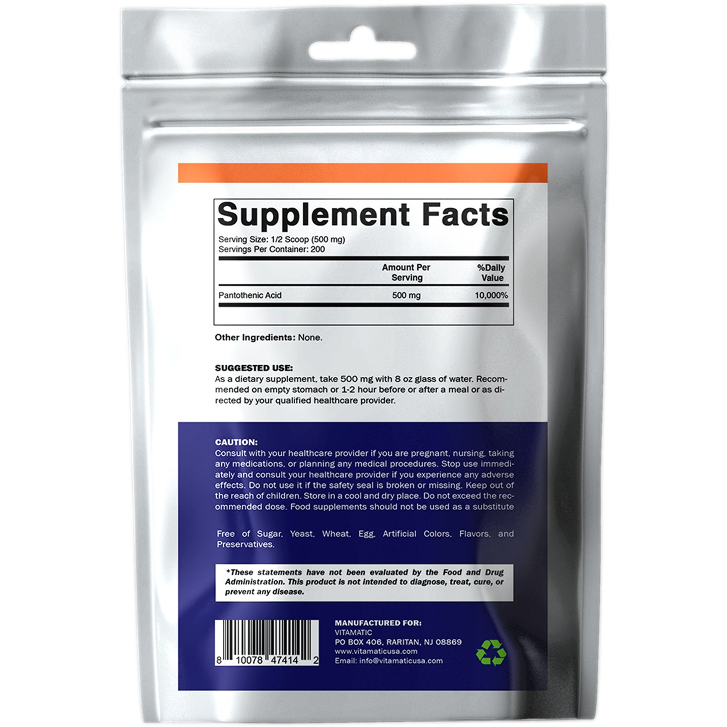 Pantothenic Acid Pure Powder 500 mg per Serving, 100 Grams -Also Called Vitamin B5