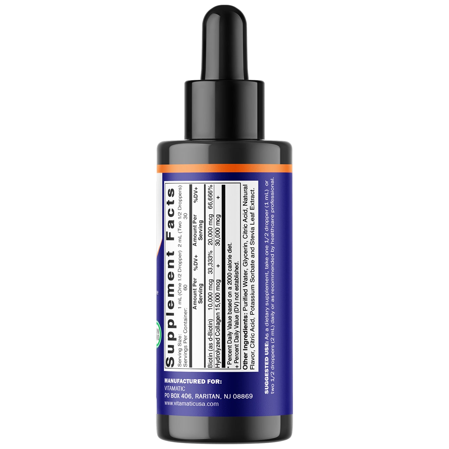Vitamatic Liquid Biotin & Collagen for Hair Growth - Women & Men – Supports Glowing Skin, Healthy Hair & Nail Growth (2Fl Oz)