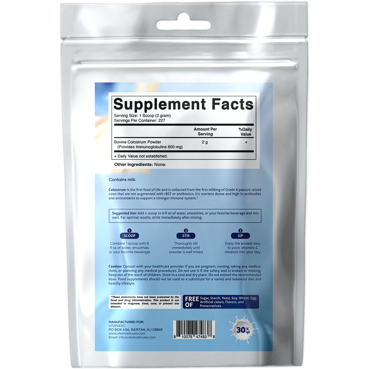 Bovine Colostrum 30% IgG Powder 16 0Z - 227 Servings (Unflavored)