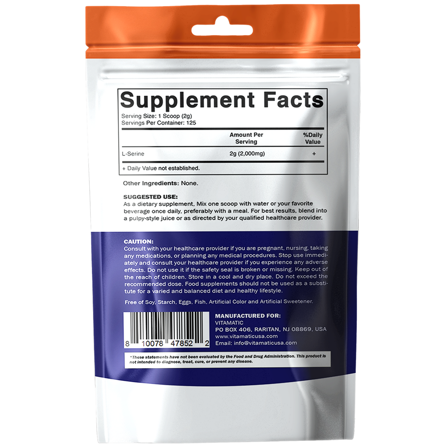 Vitamatic L-Serine Pure Powder 250 Gram | 2000 mg per Serving | 125 Servings