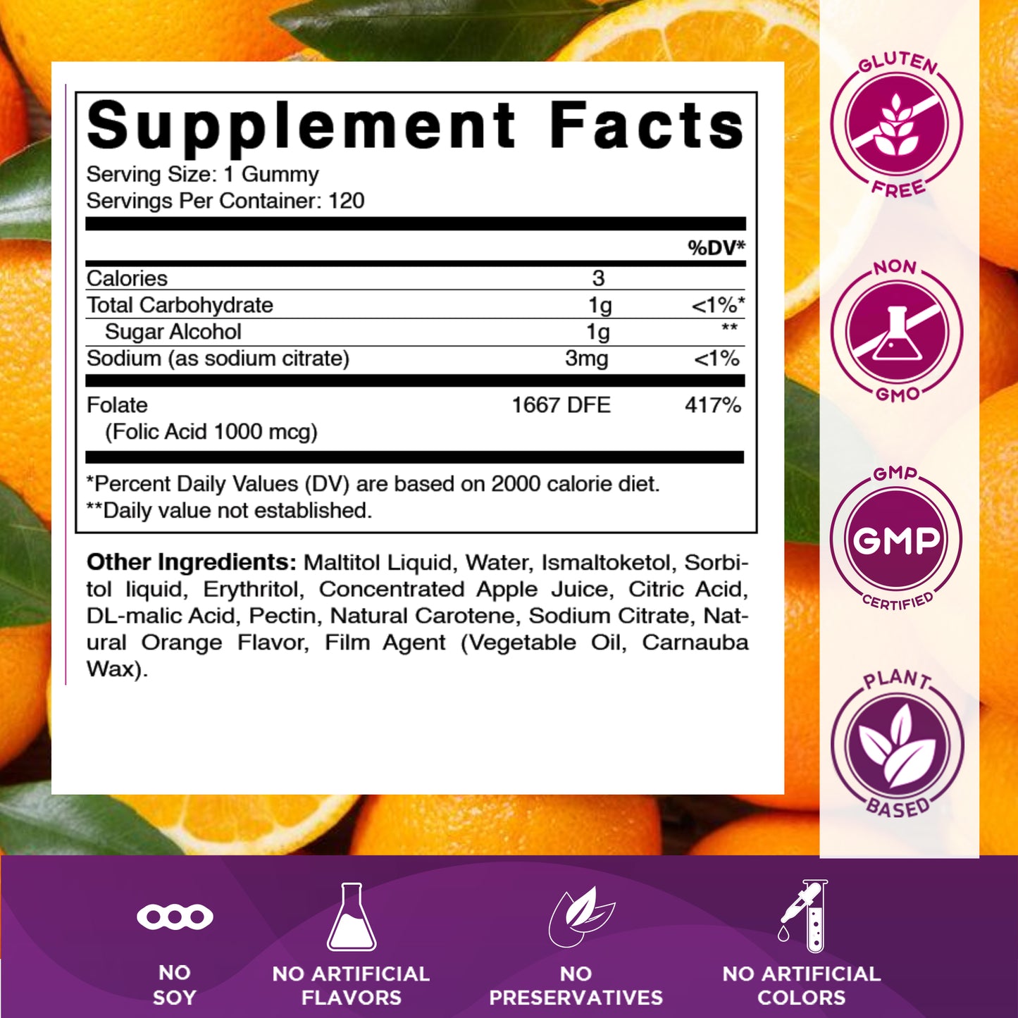 Sugar Free Folic Acid 1 mg - 120 Gummies