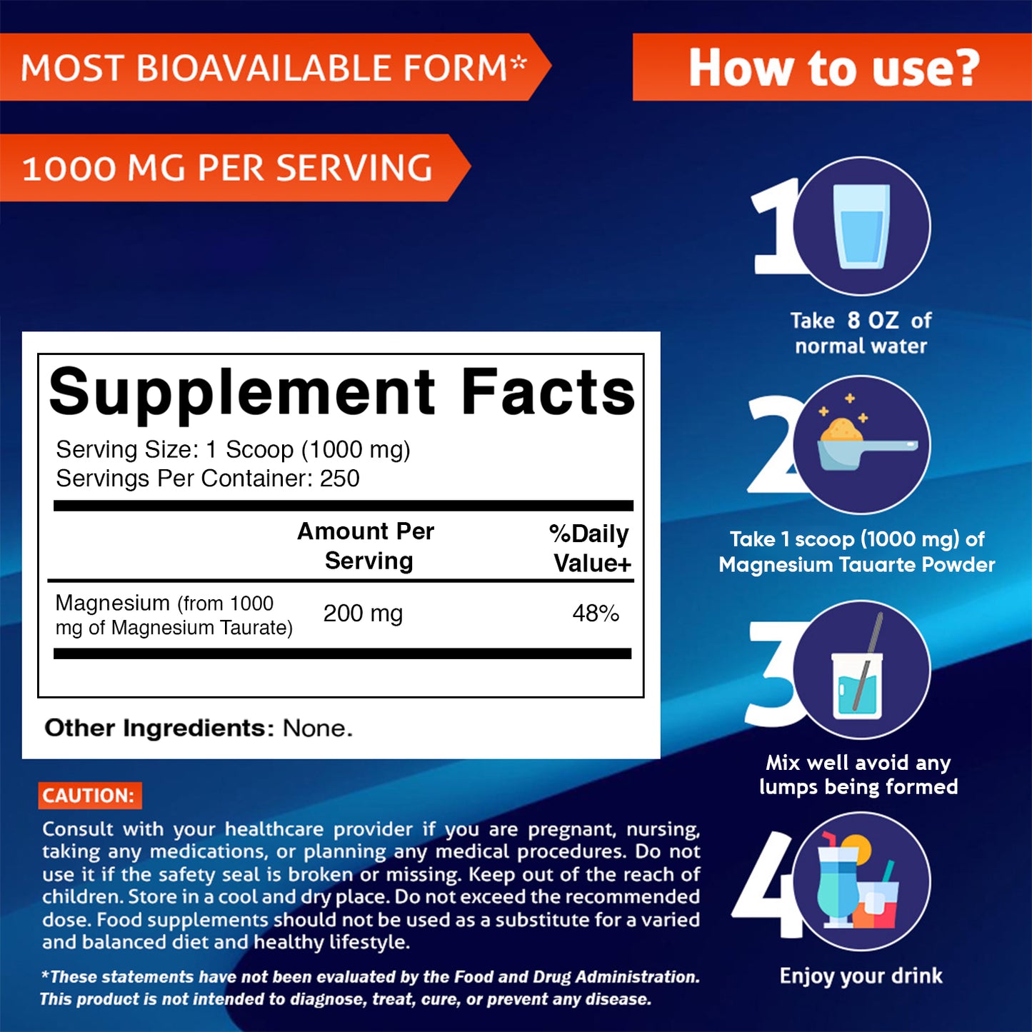 Magnesium Taurate 250gram Powder - 250 Servings
