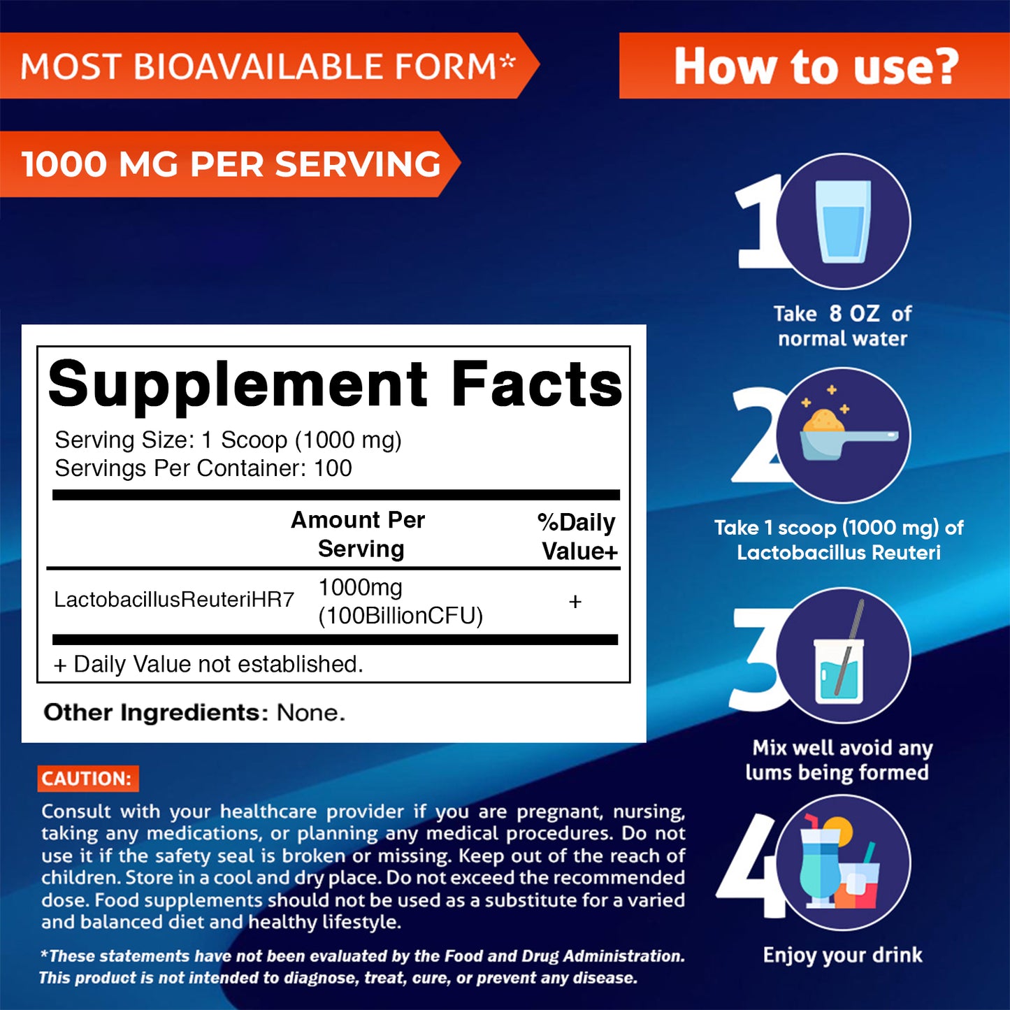 Lactobacillus Reuteri Probiotic Powder Digestive Health Support 100 Gram - 100 Servings
