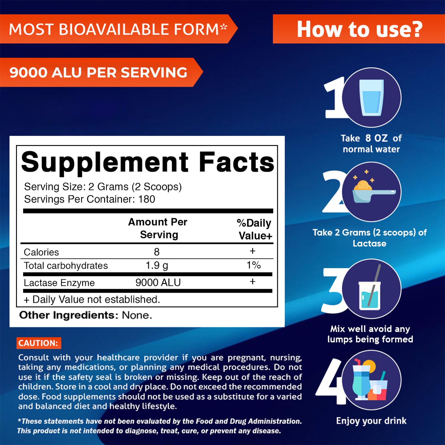 Lactase Enzyme Powder – 9000 ALU Per Serving – 180 Servings