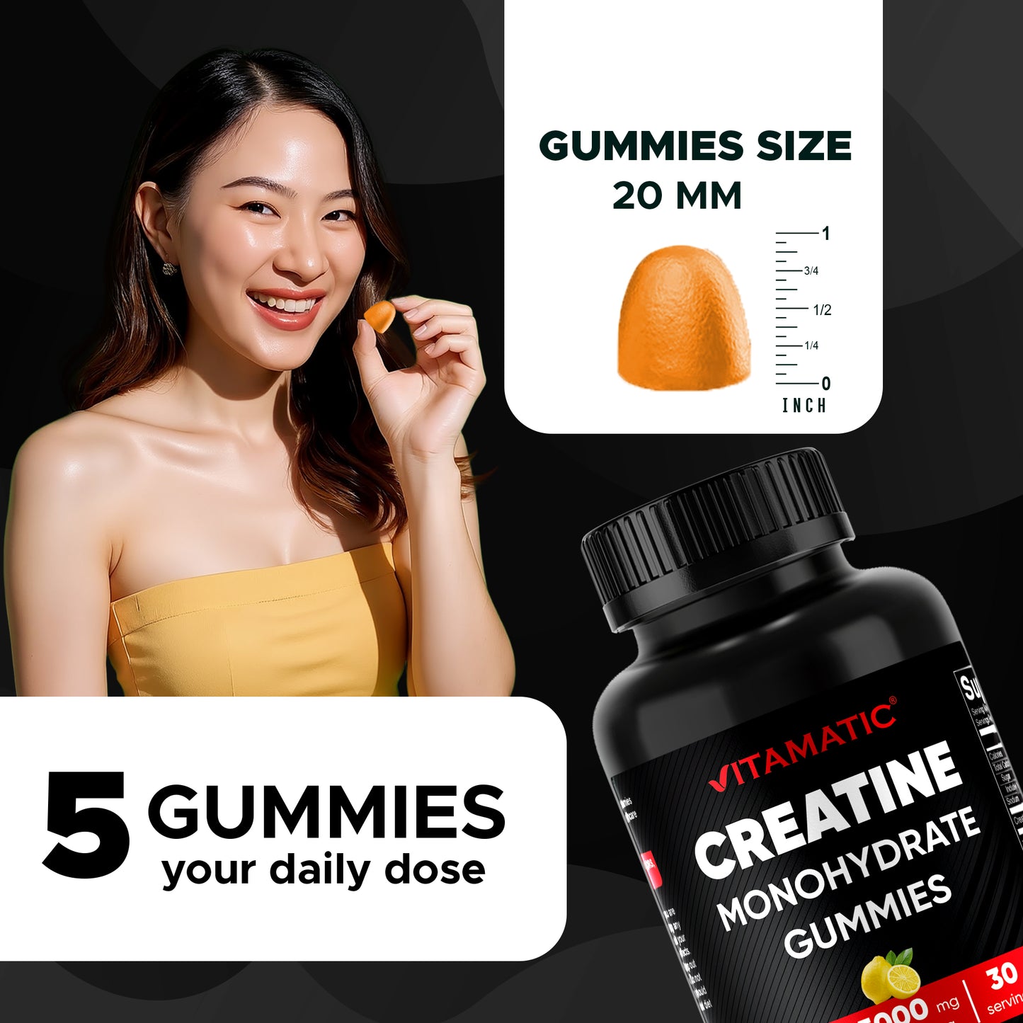Vitamatic Creatine Gummies 5000mg per Serving Natural Lemon Flavor – 150 Gummies
