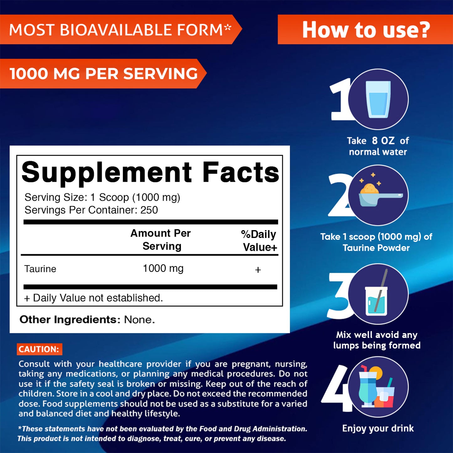 Pure Taurine 1000mg 250 Servings