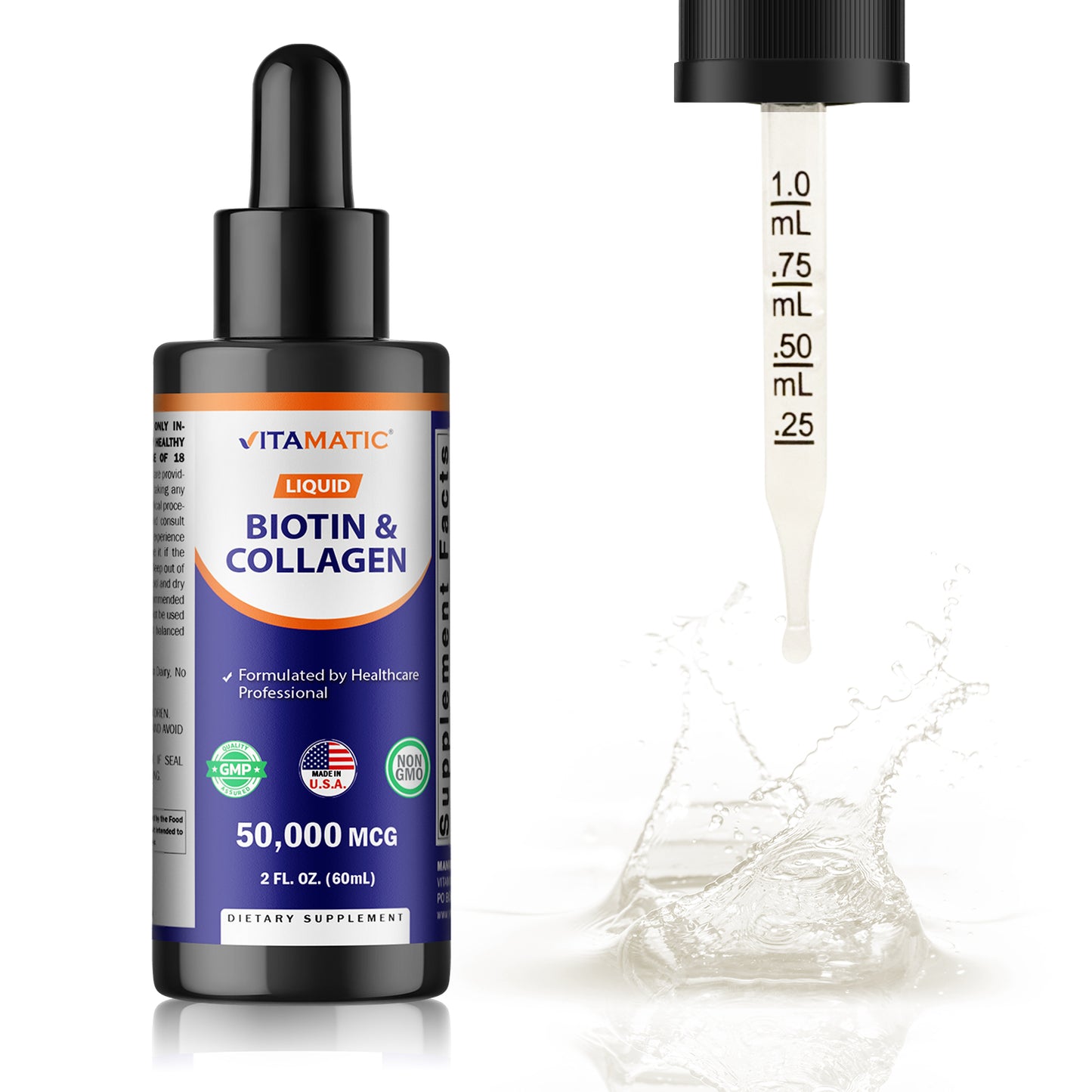Vitamatic Liquid Biotin & Collagen for Hair Growth - Women & Men – Supports Glowing Skin, Healthy Hair & Nail Growth (2Fl Oz)