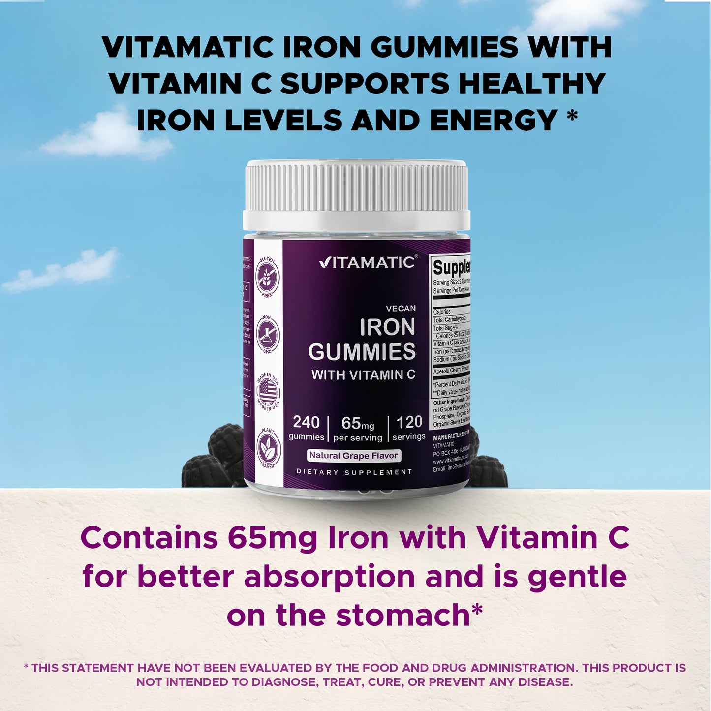 Iron 65 mg Gummies Supplement for Women & Men - 240 Vegan Gummies