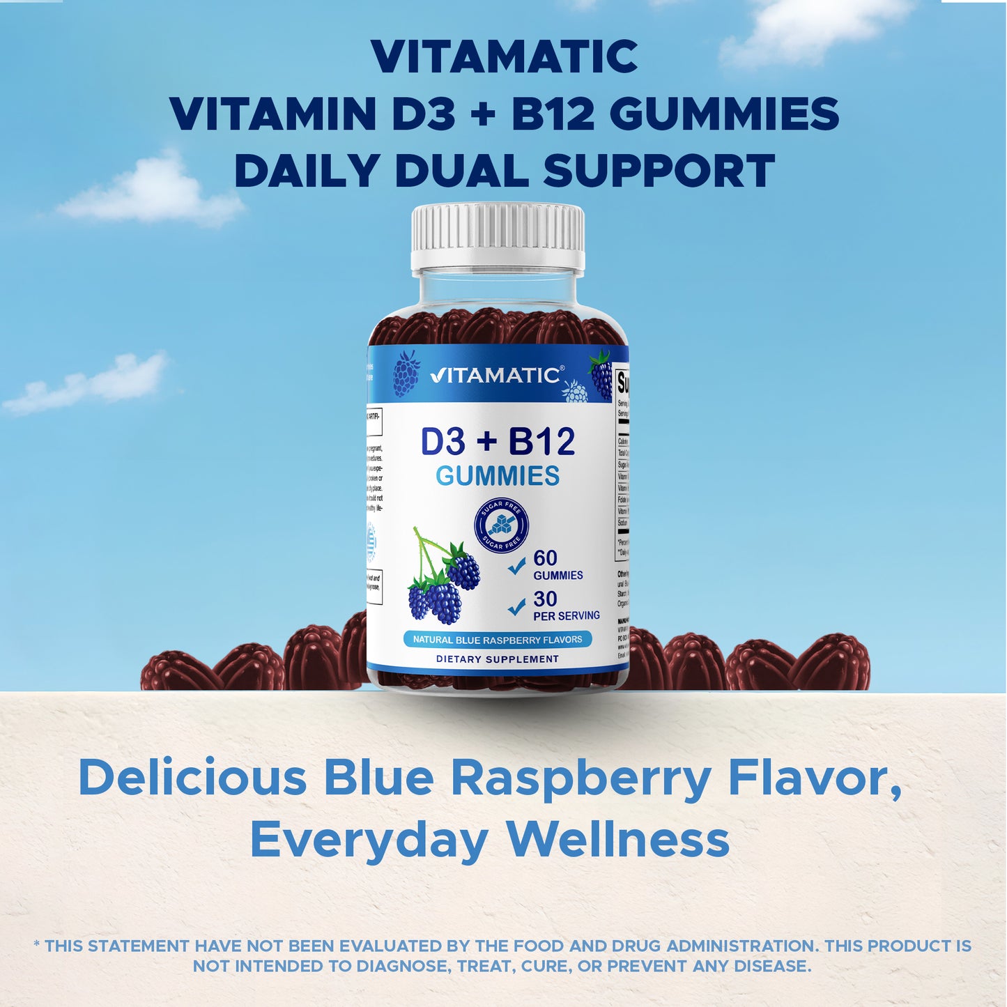 Vitamin D3 + B12 Gummies – Natural Blue Raspberry Flavor – 60 Gummies